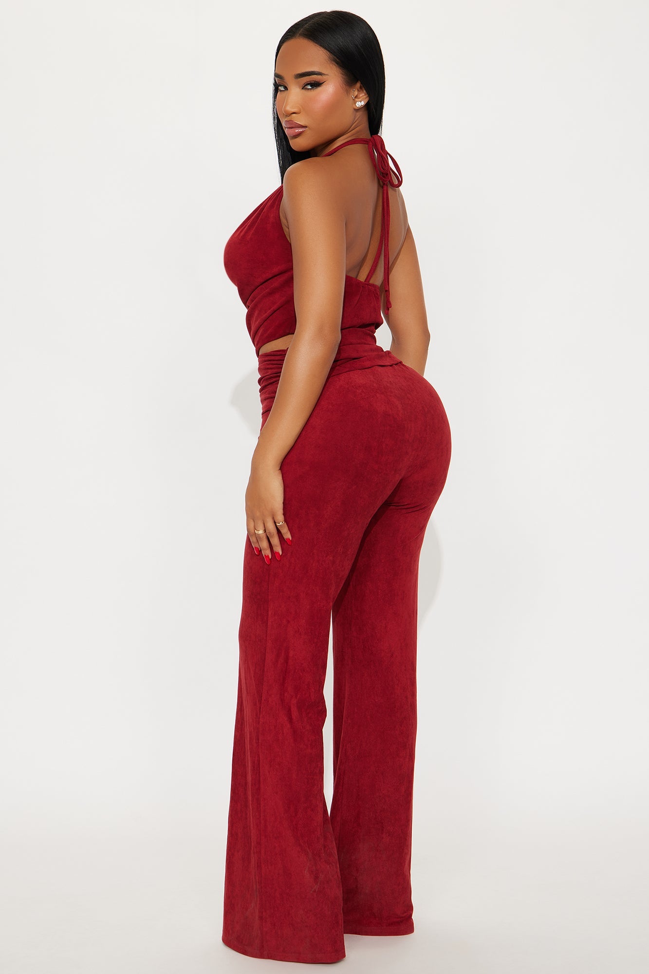 Mariana Faux Suede Halter Jumpsuit - Burgundy