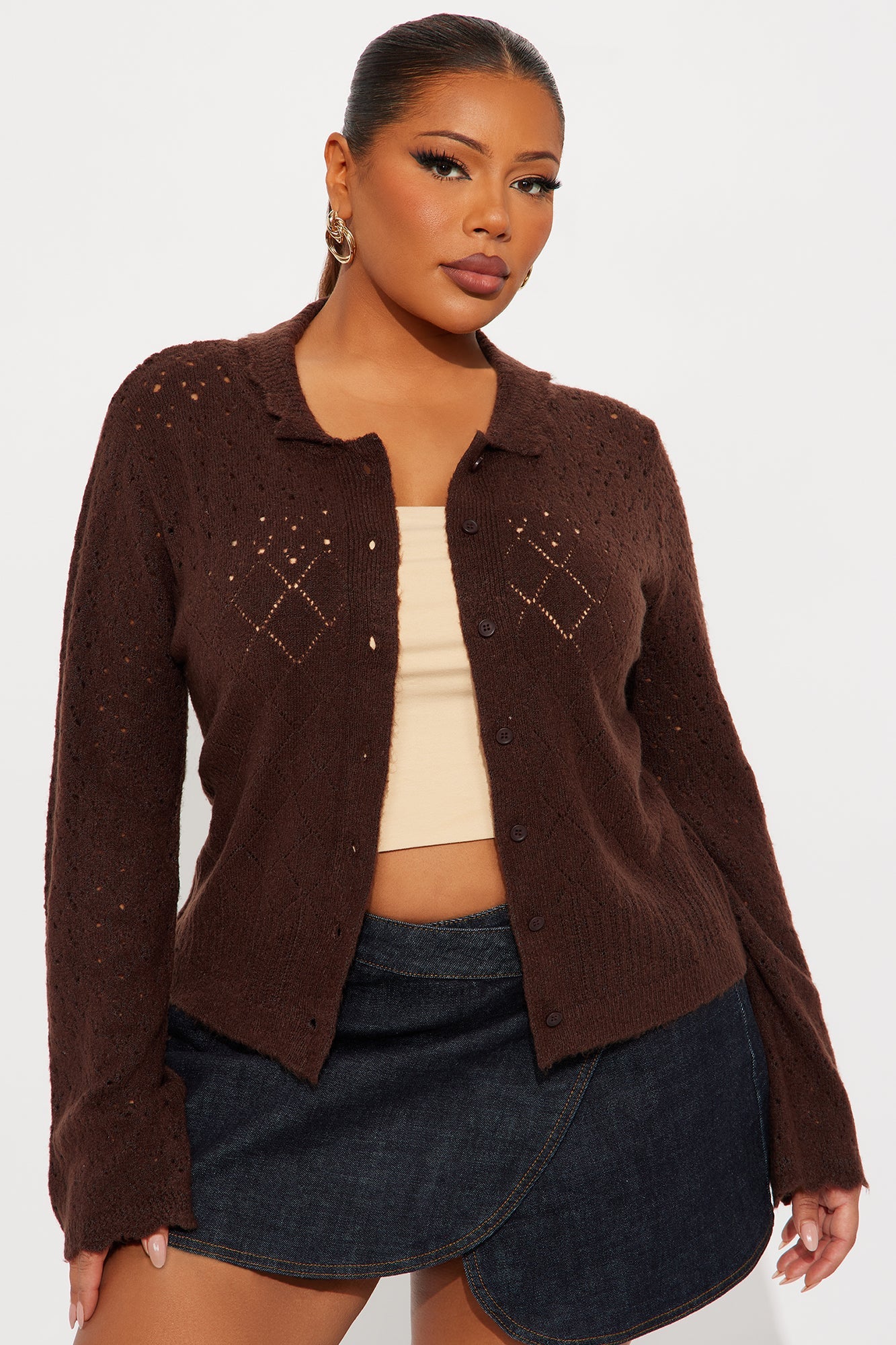 Not Interested Pointelle Cardigan - Chocolate