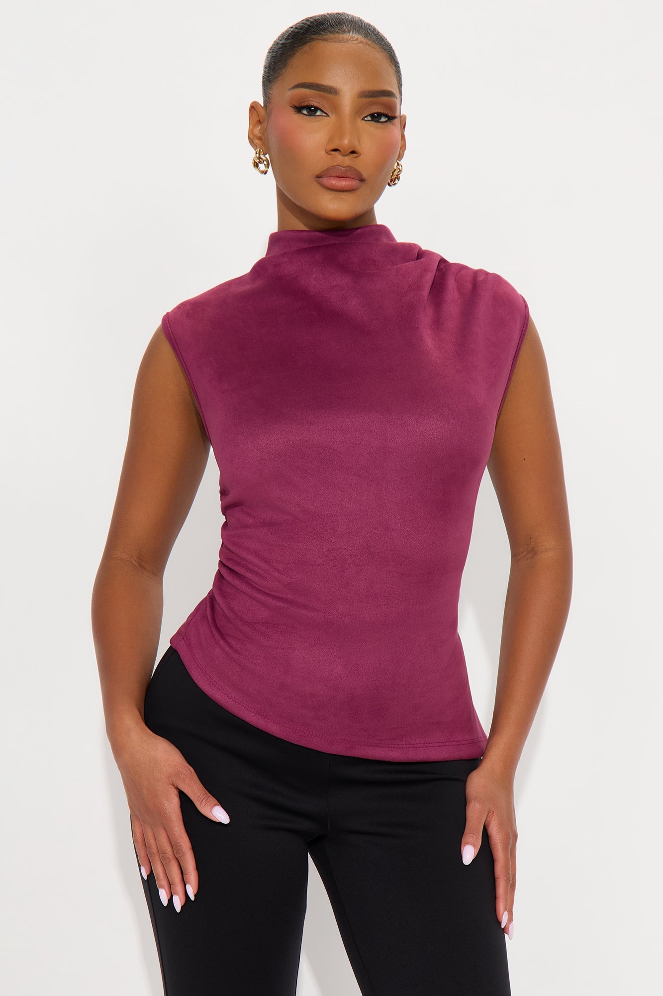 At Dusk Faux Suede Mock Neck Top - Plum