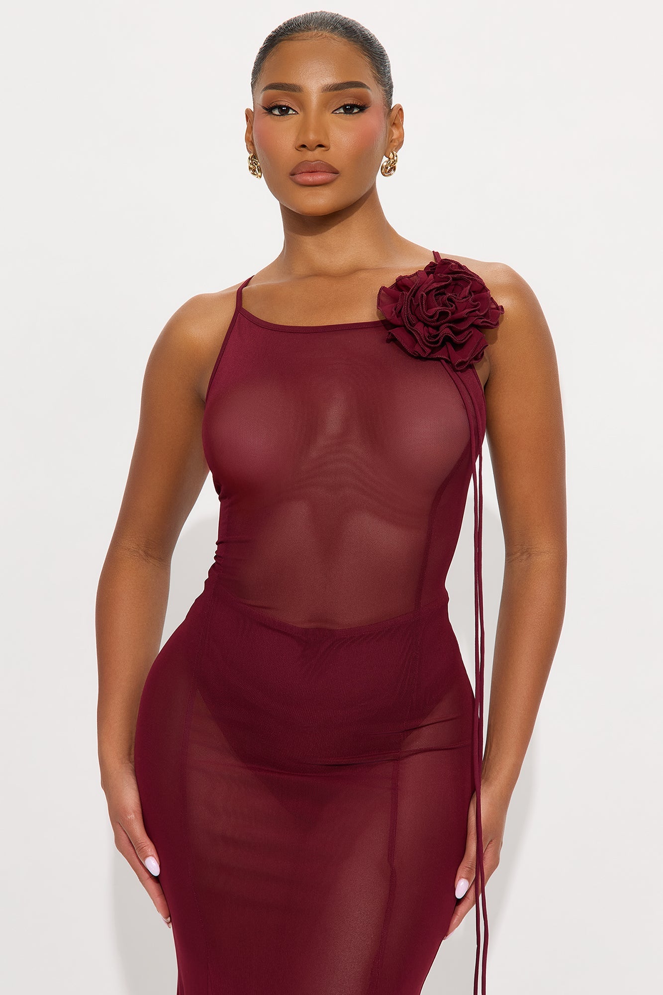 Sheer Goddess Mesh Maxi Dress - Burgundy