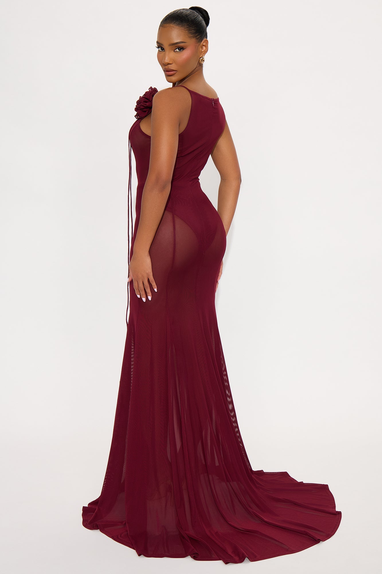 Sheer Goddess Mesh Maxi Dress - Burgundy