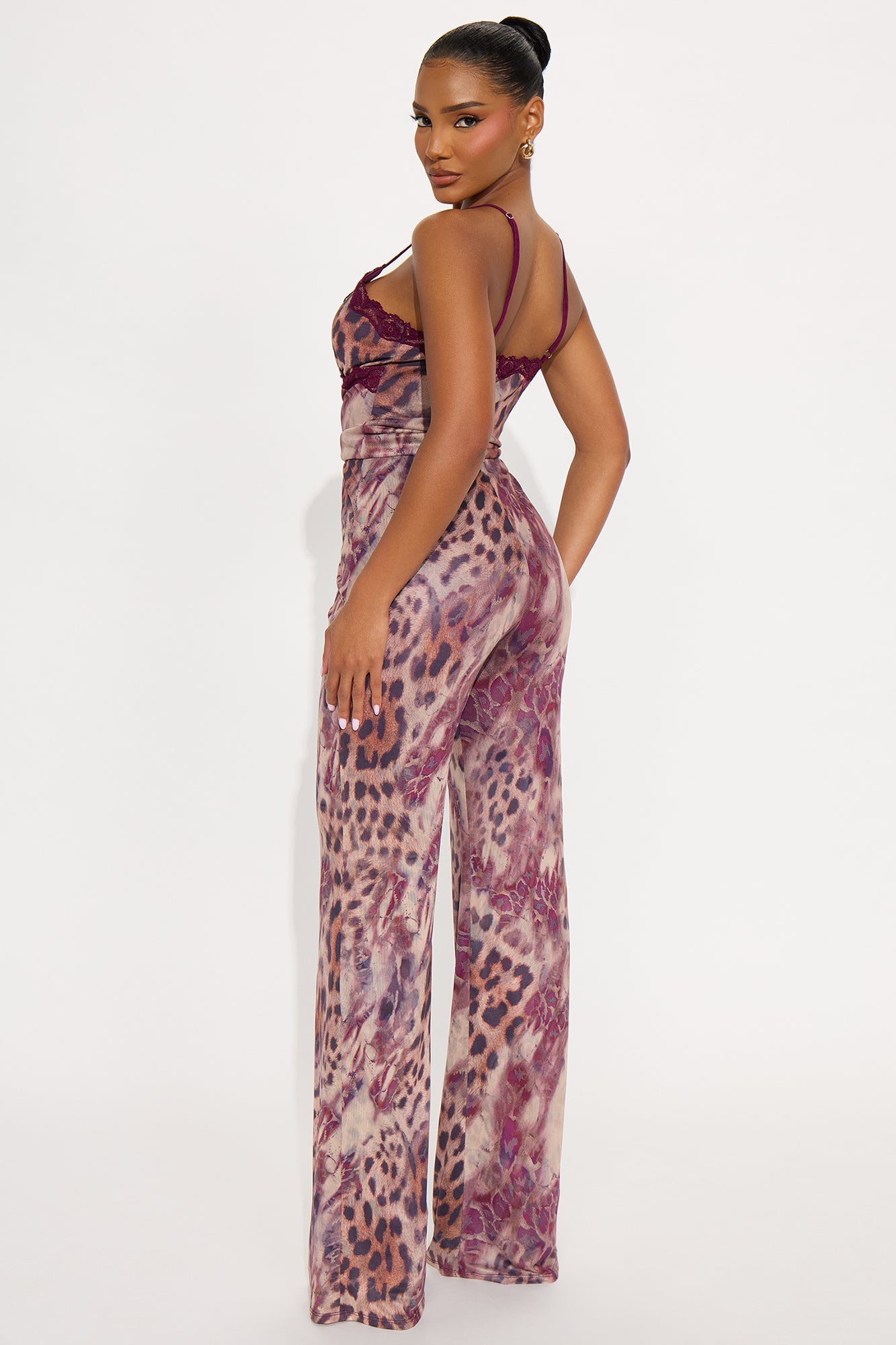 Sarah Mesh Leopard Flare Leg Jumpsuit - Burgundy/combo