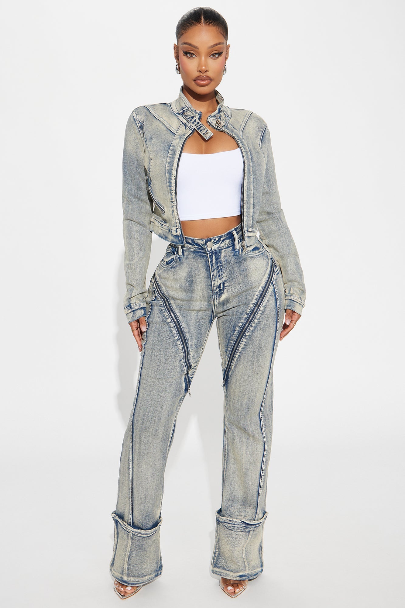 Locking In Stretch Moto Denim Jacket - Vintage Wash