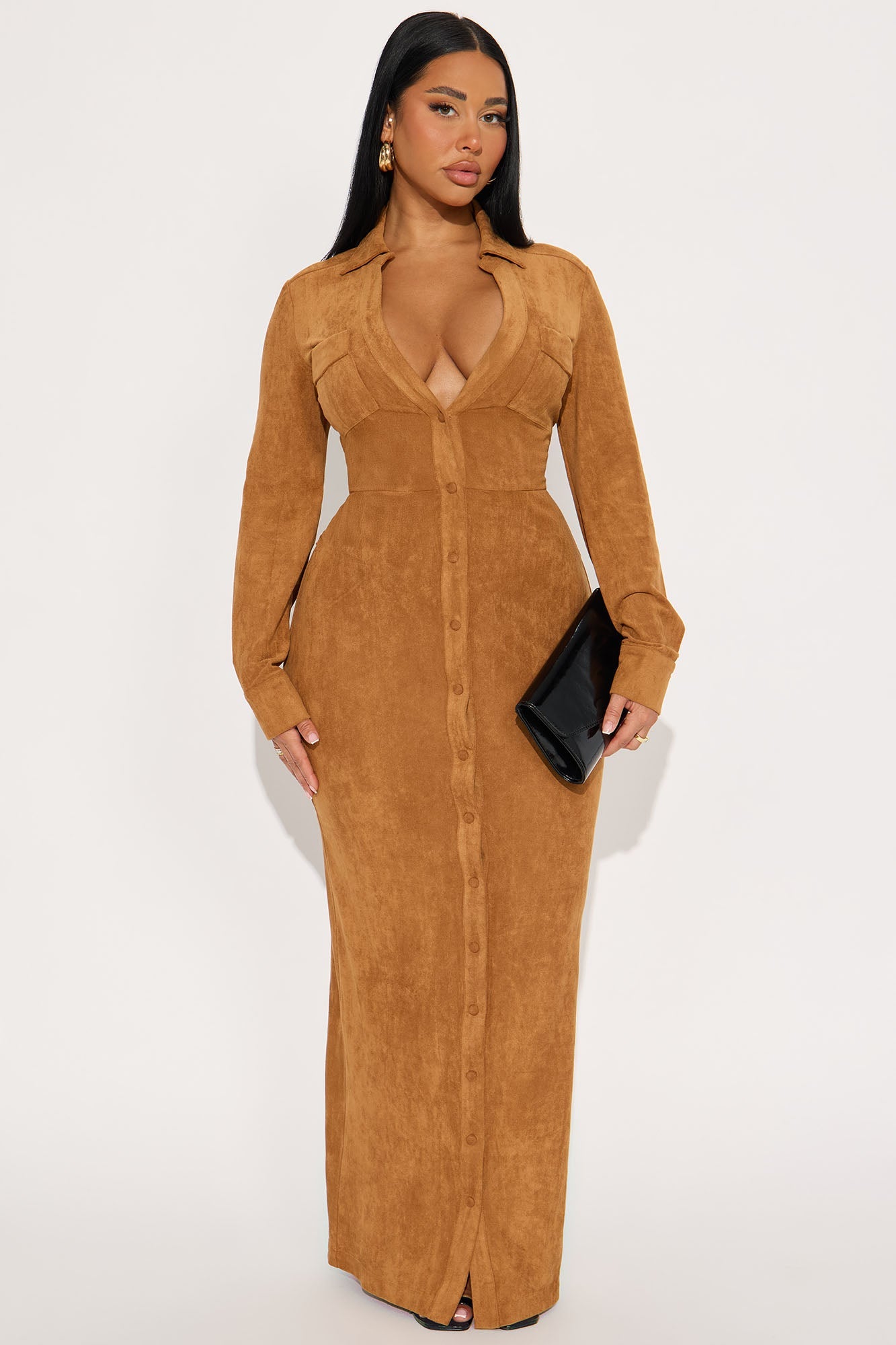 Noelle Suede Maxi Shirt Dress - Cognac