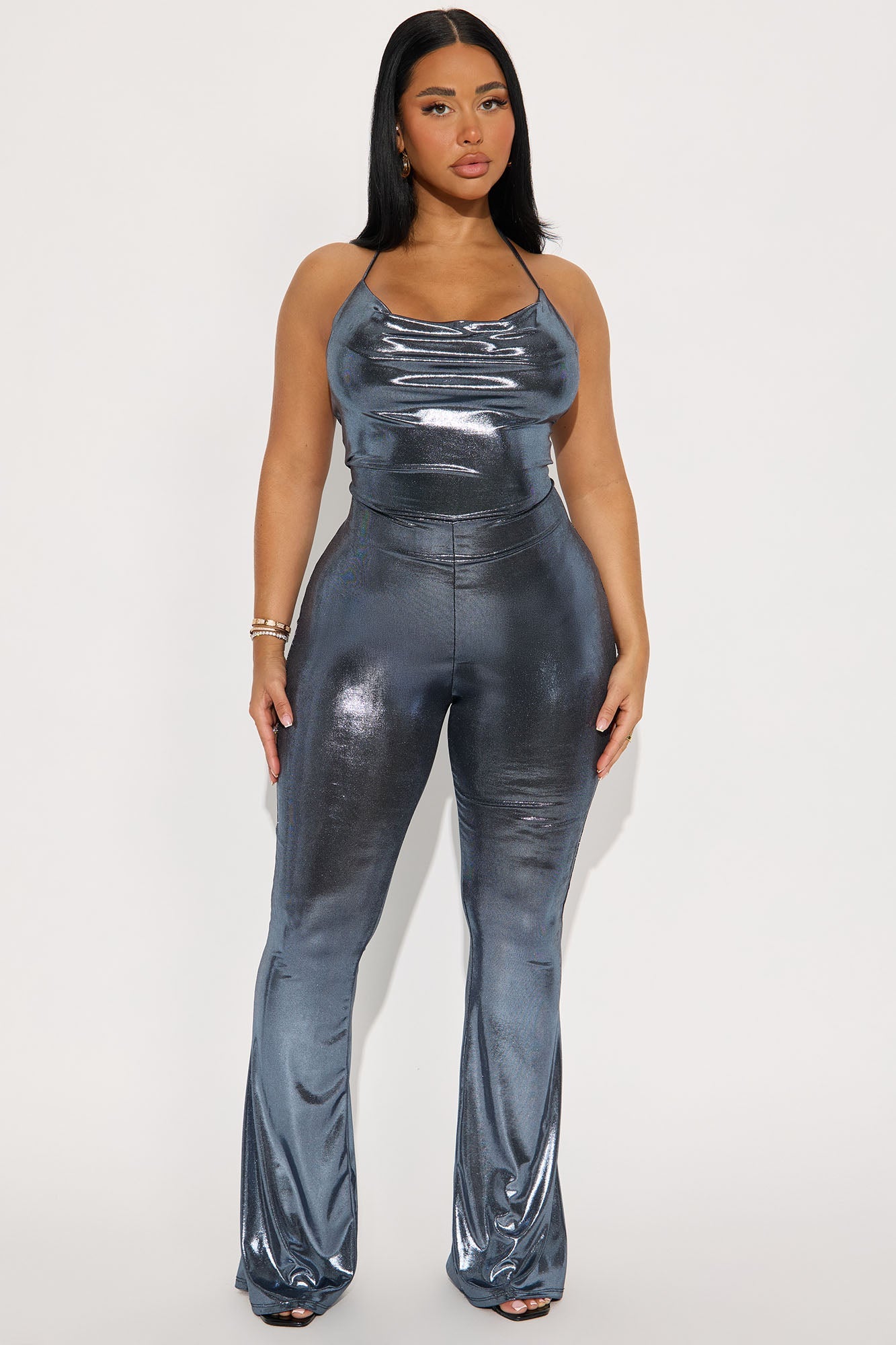 Soraya Metallic Cowl Neck Flare Jumpsuit - Slate Blue
