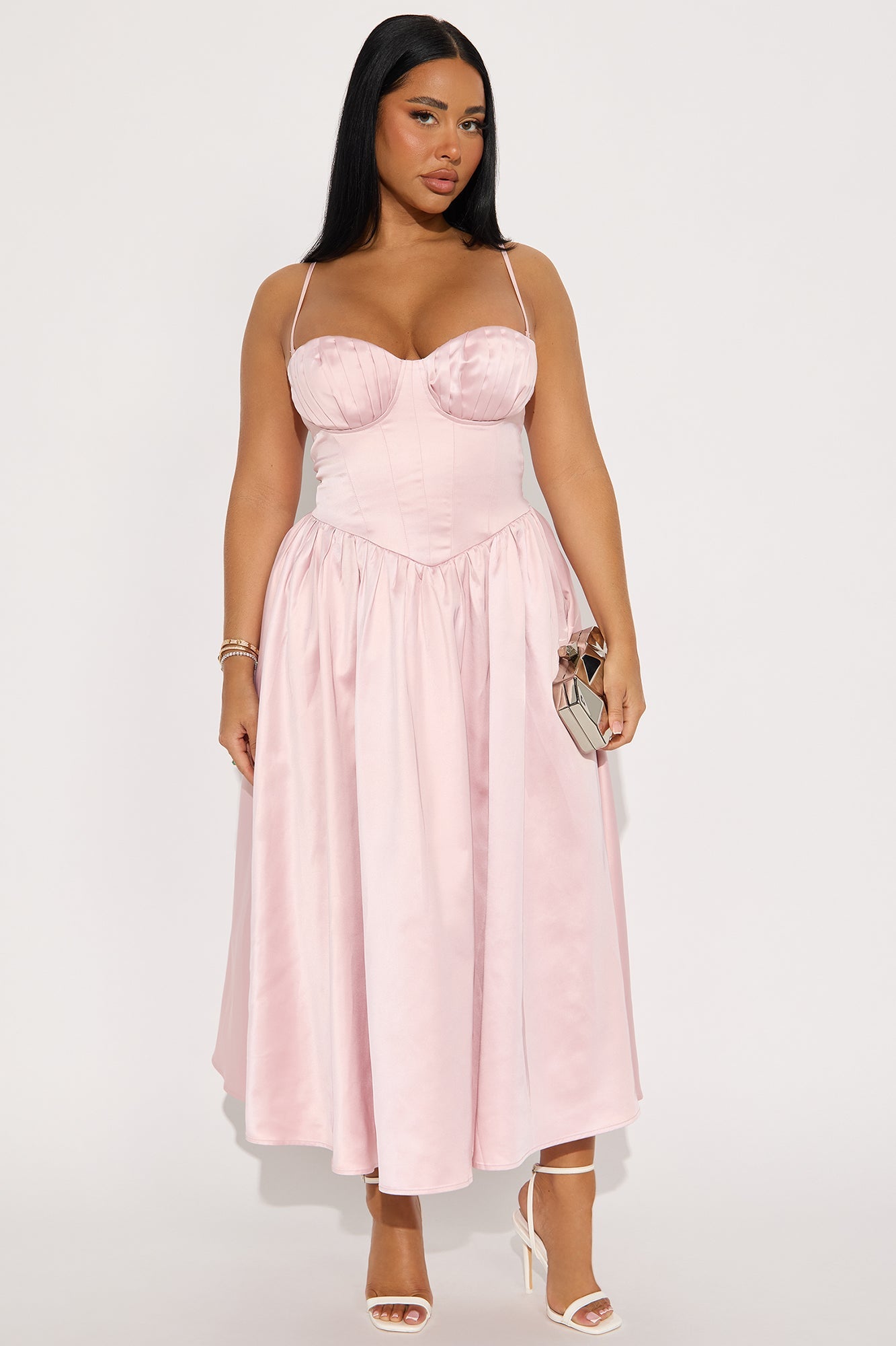Mila Pleated Satin Midi Dress - Blush