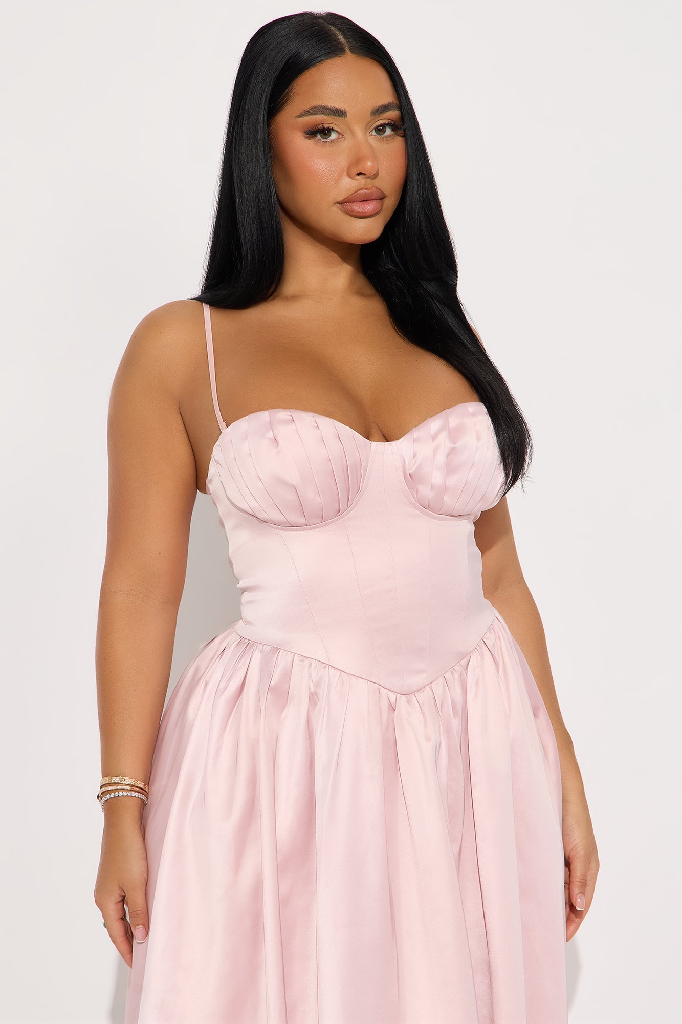 Mila Pleated Satin Midi Dress - Blush