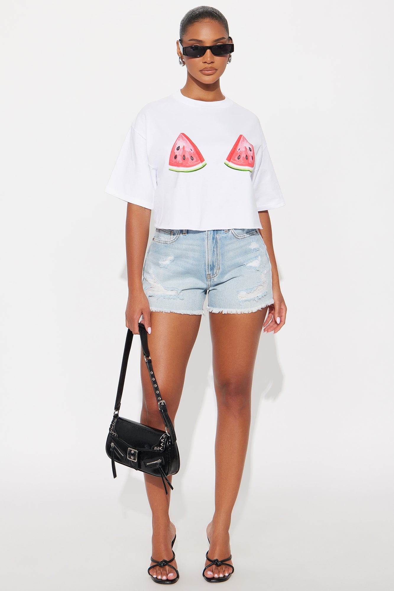Watermelon Slices Cropped Tee - White