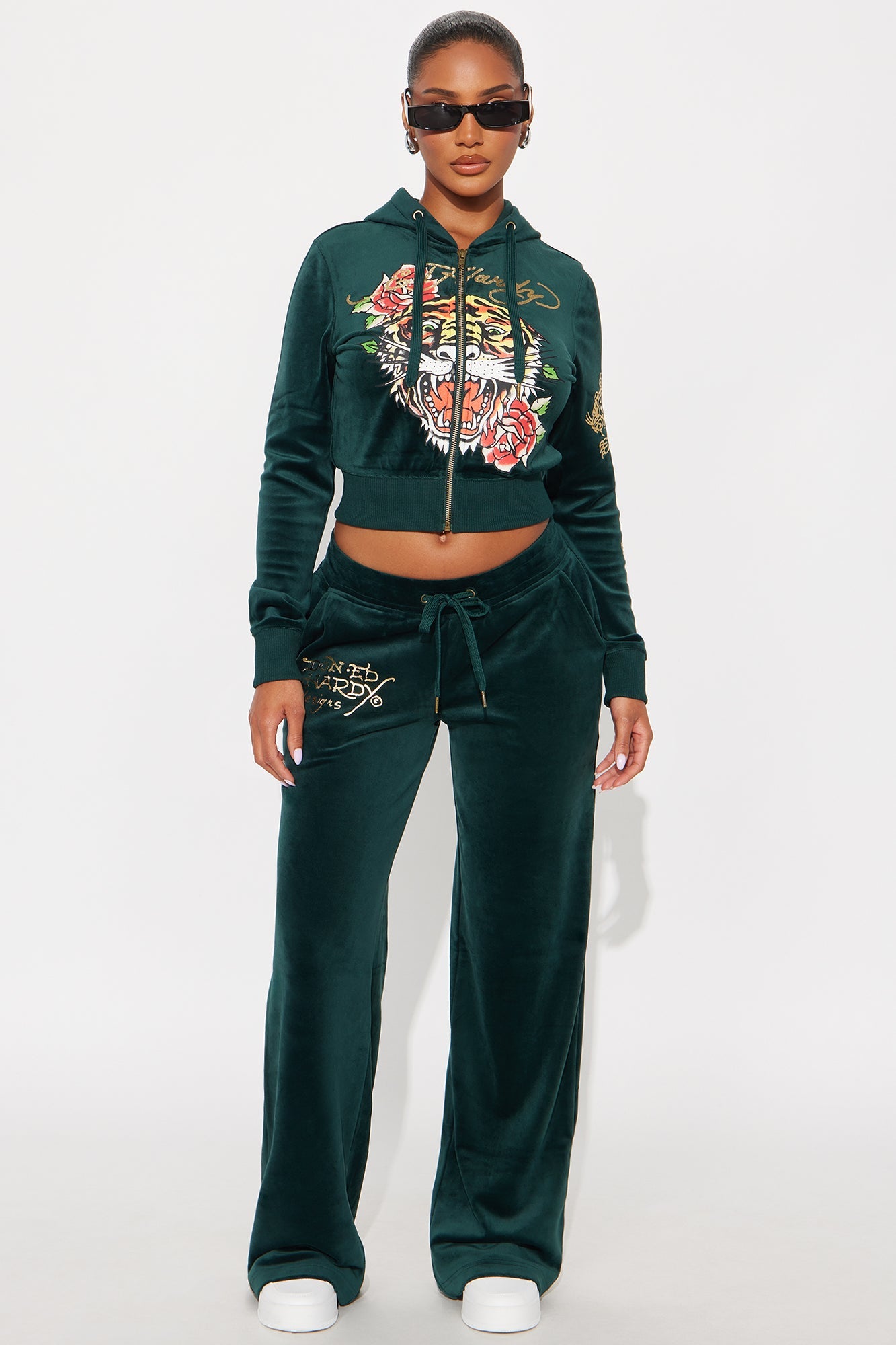Ed Hardy Retro Tiger Velour Pant Set - Hunter