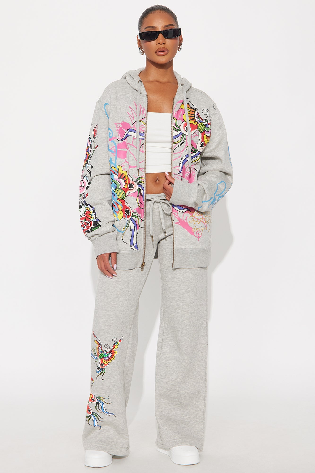 Ed Hardy Butterflies Zip Up Oversized Hoodie - Heather Grey