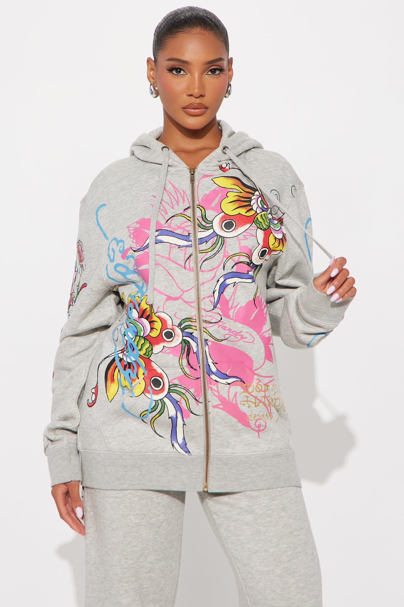 Ed Hardy Butterflies Zip Up Oversized Hoodie - Heather Grey