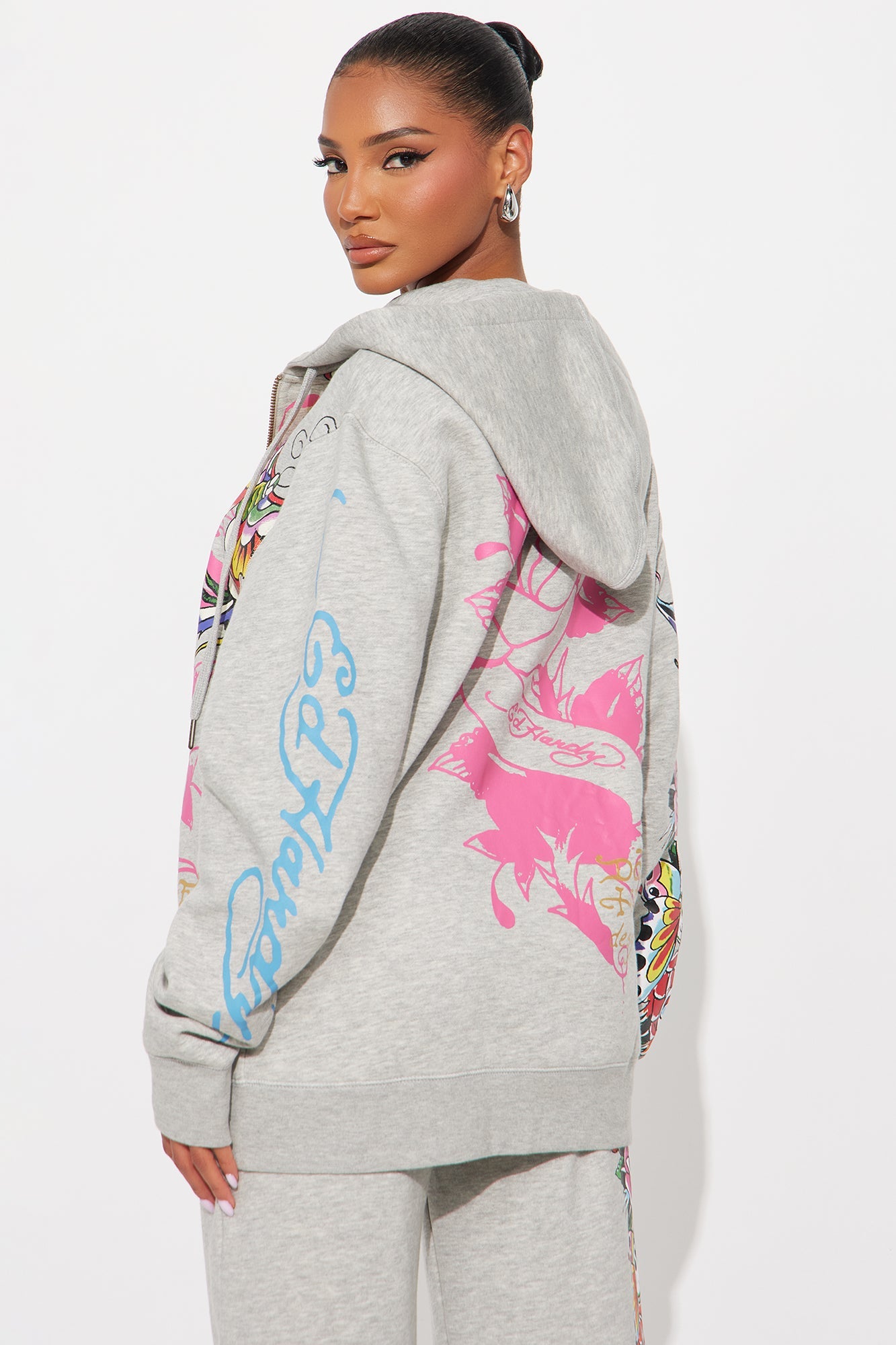 Ed Hardy Butterflies Zip Up Oversized Hoodie - Heather Grey