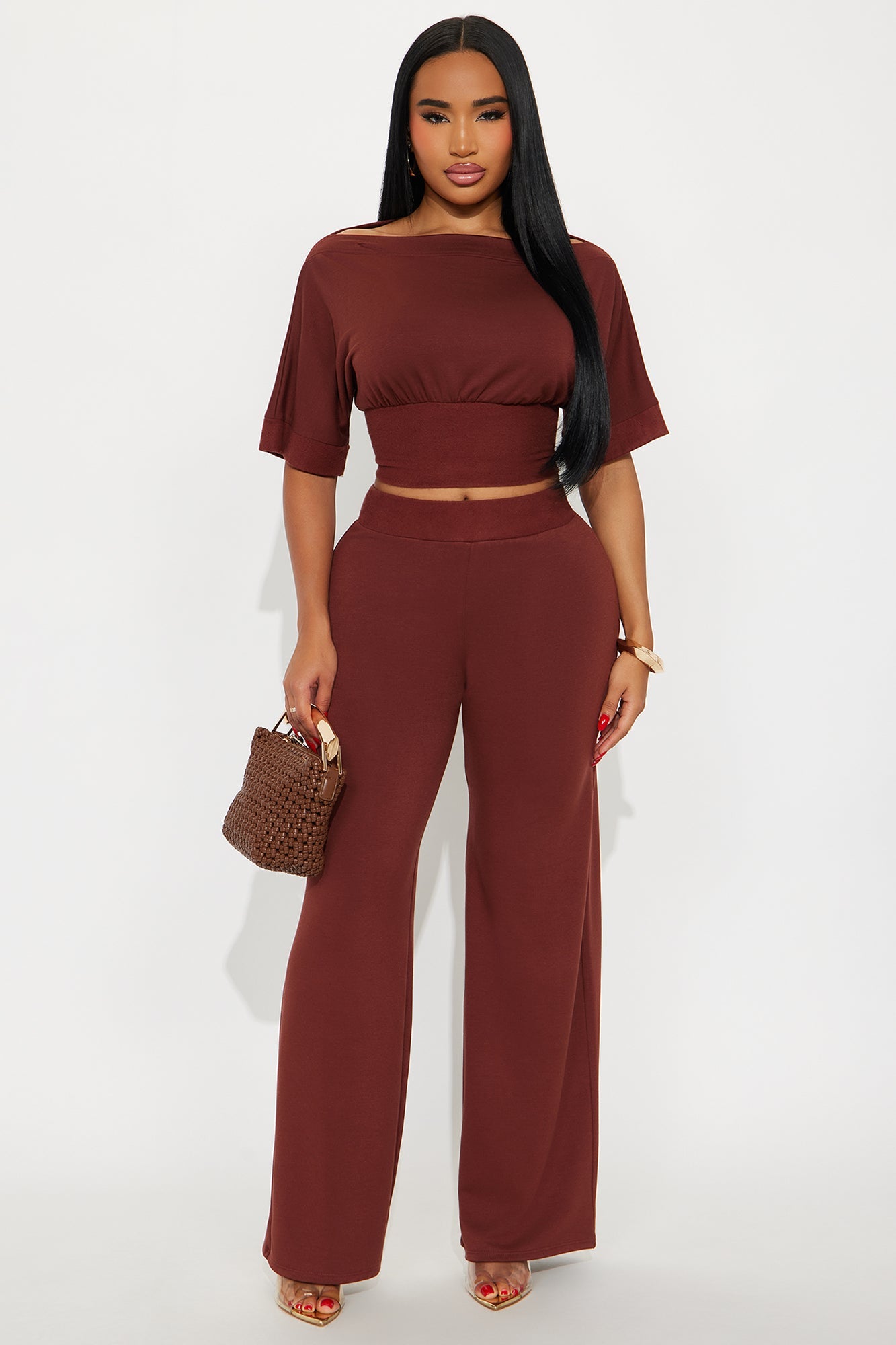 Stay A While Dolman Sleeve Wide Leg Pant Set - Brown