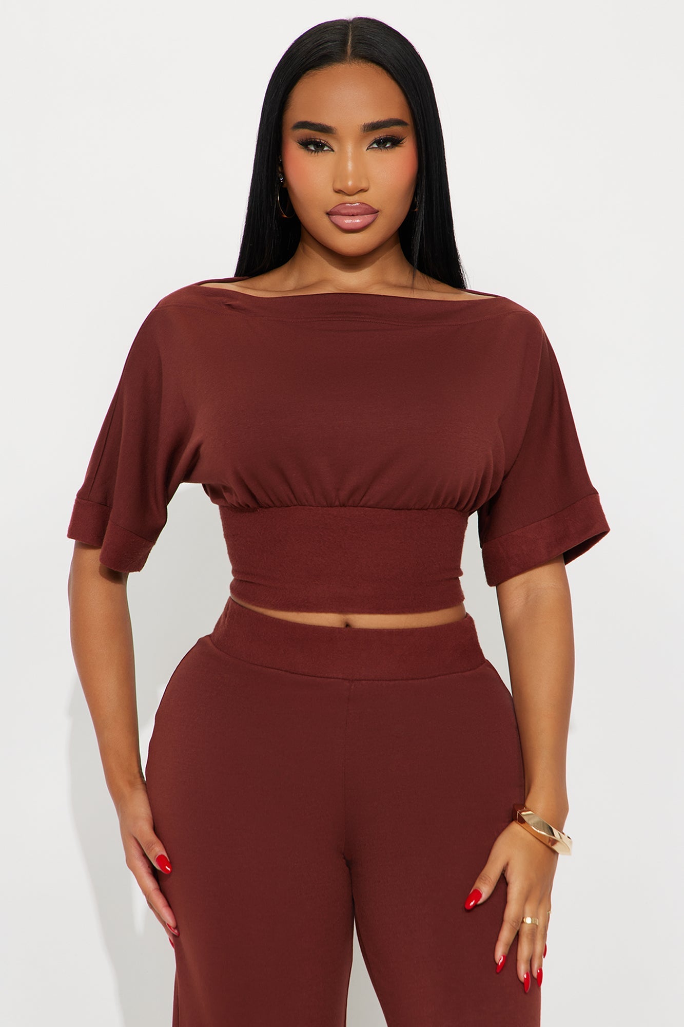 Stay A While Dolman Sleeve Wide Leg Pant Set - Brown