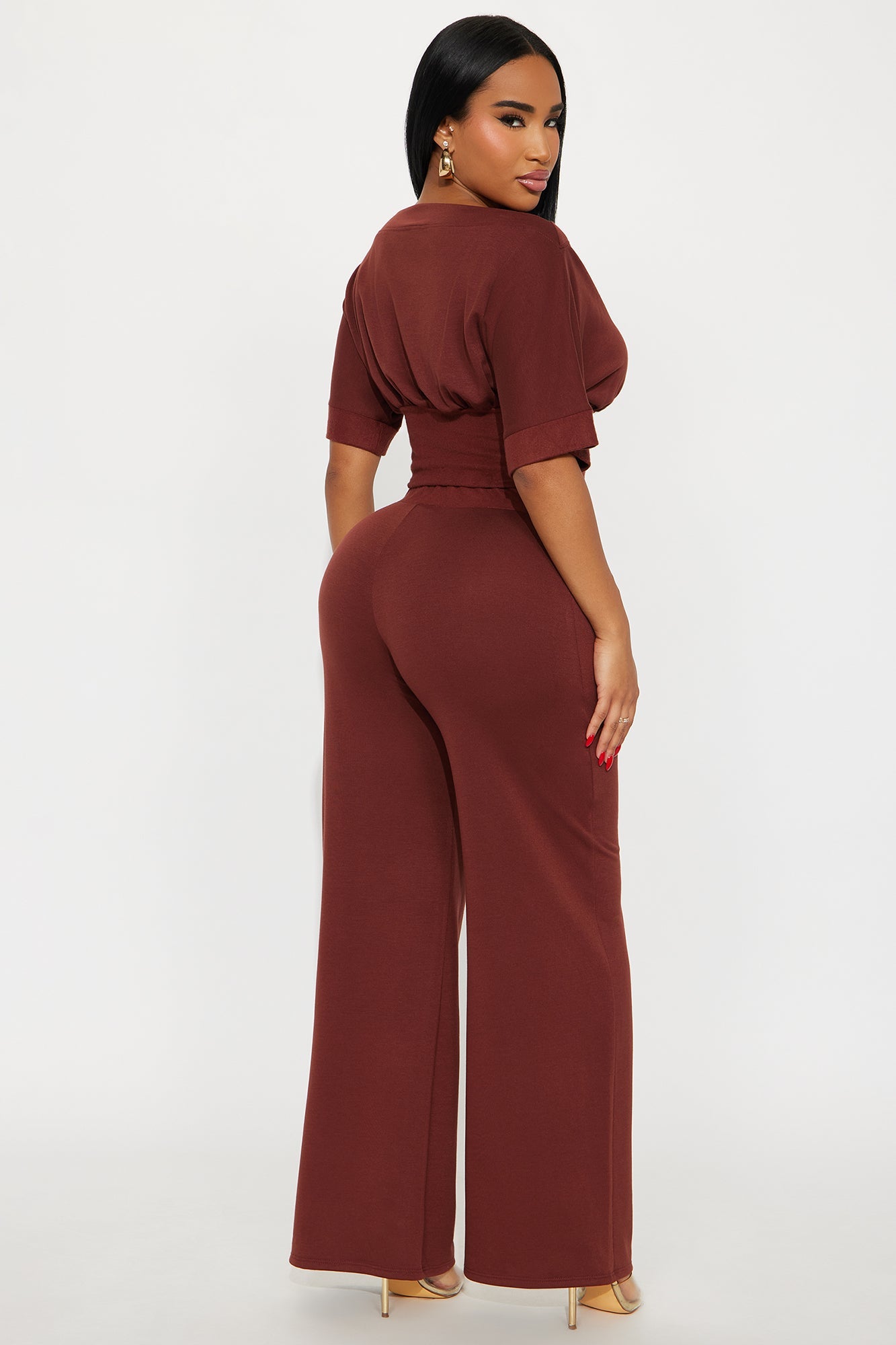 Stay A While Dolman Sleeve Wide Leg Pant Set - Brown