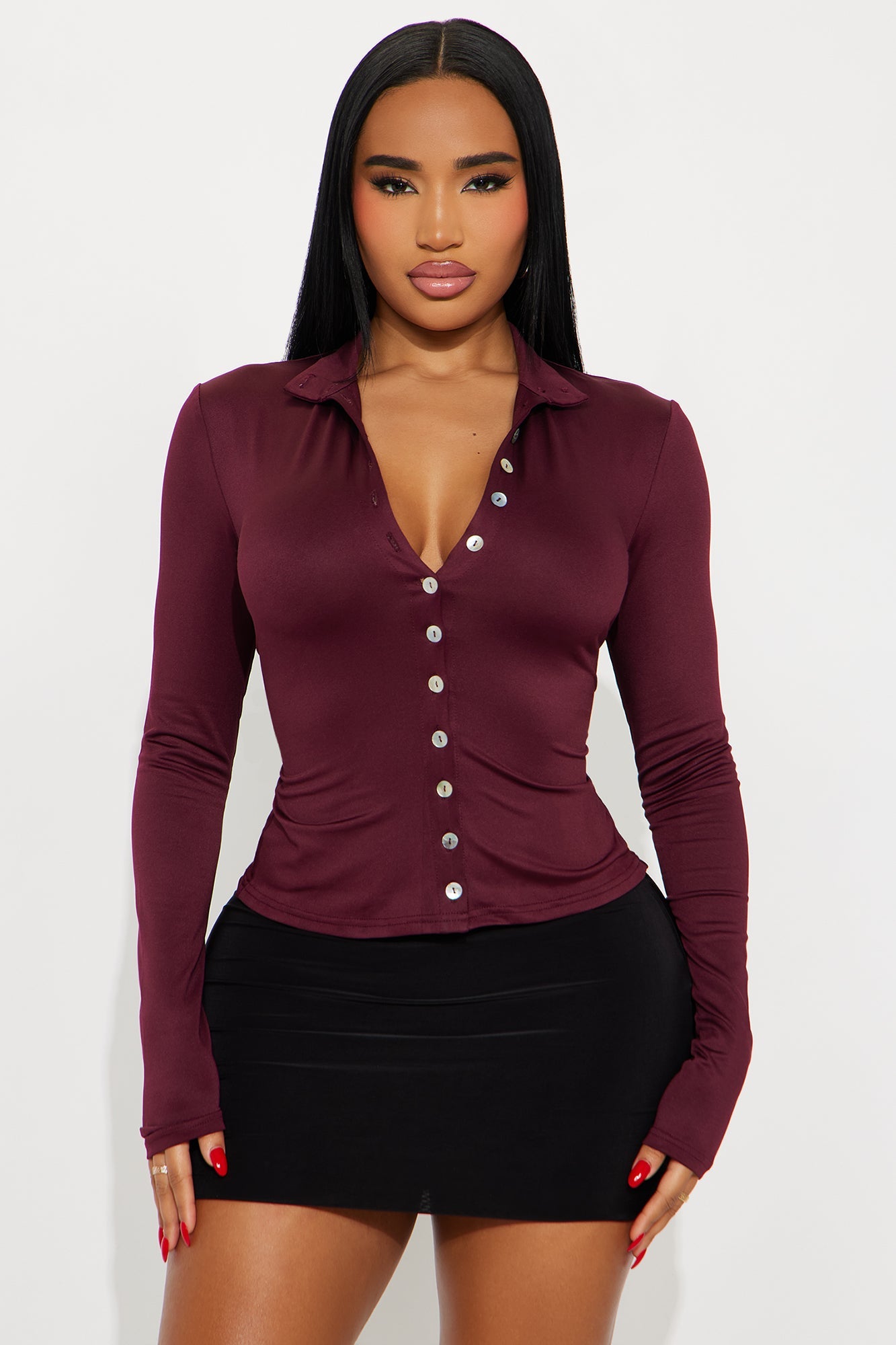 Mercy Button Up Mock Neck Top - Plum