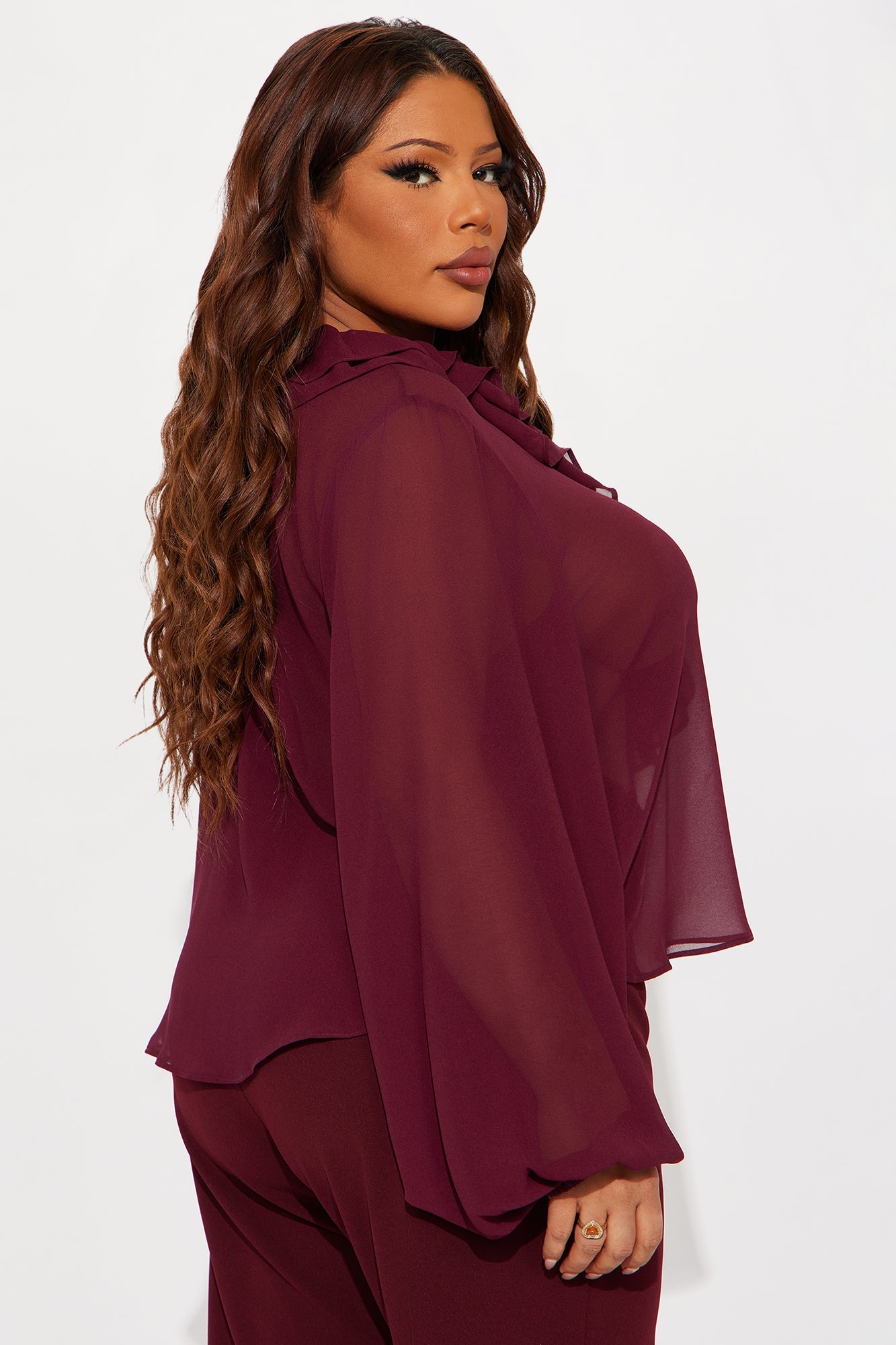 Living For This Ruffle Chiffon Blouse - Burgundy