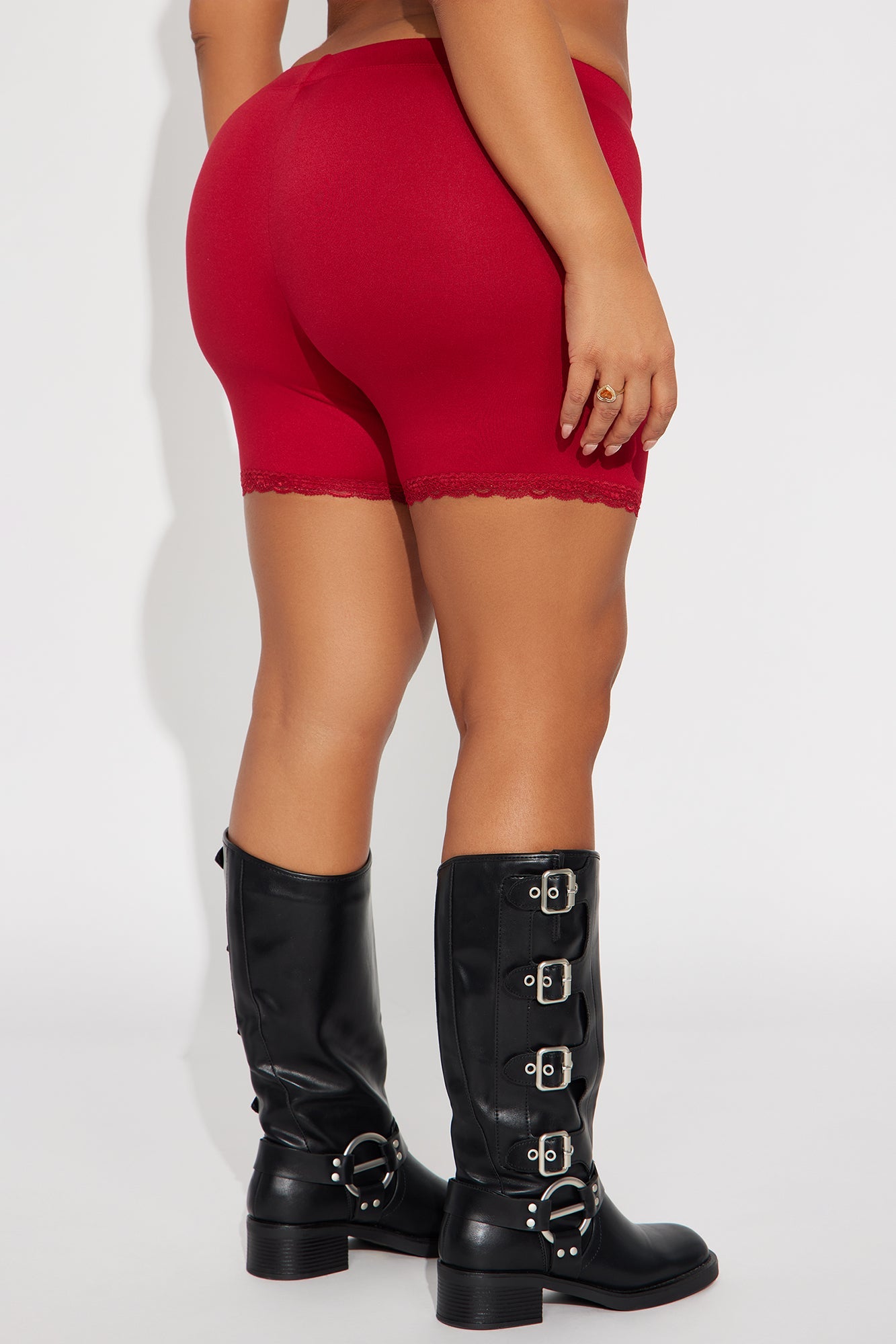Camille Lace Trim Biker Short - Red