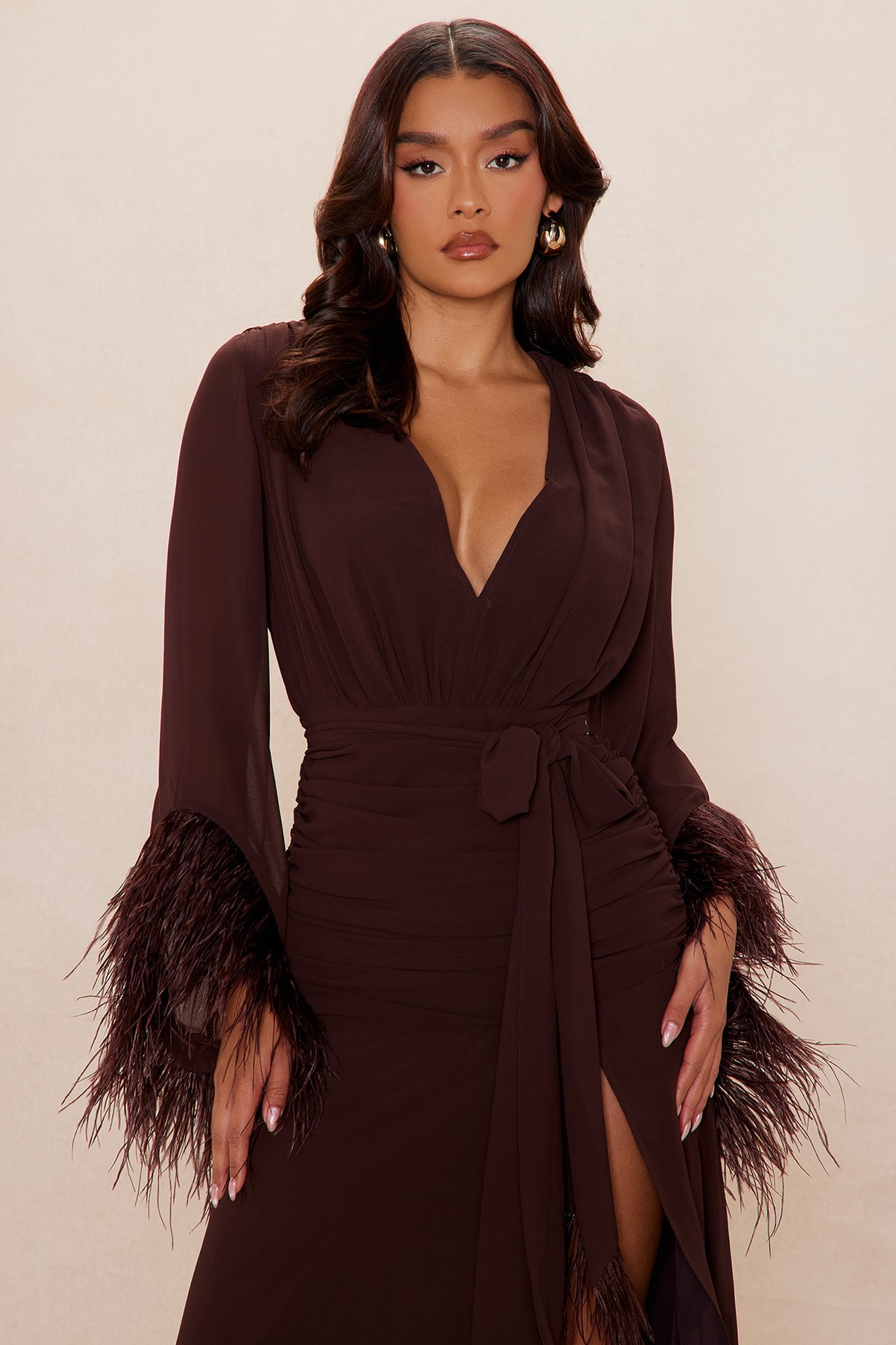 Daisey Feathered Chiffon Maxi Dress - Chocolate