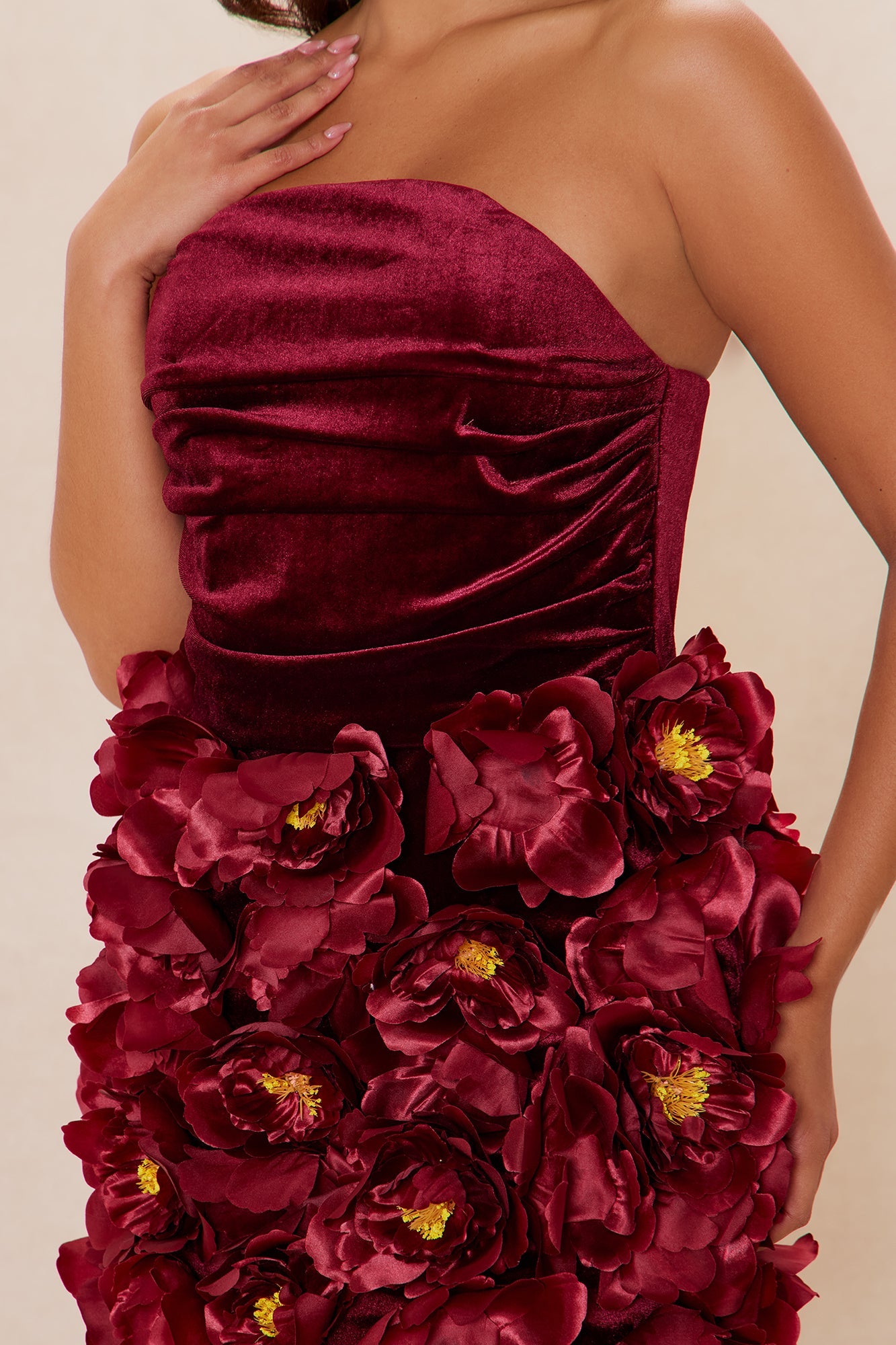 Camellia Floral Applique Velvet Mini Dress - Burgundy