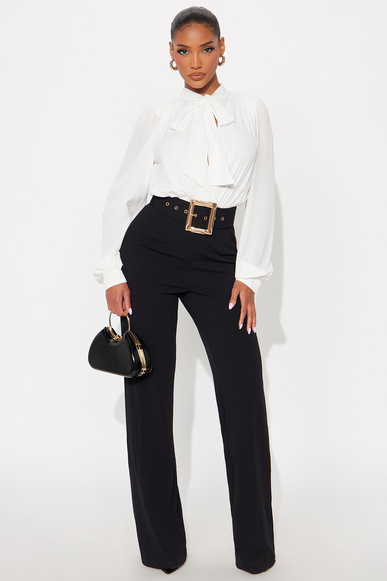 In Command Belted Wide Leg Jumpsuit - Black/White