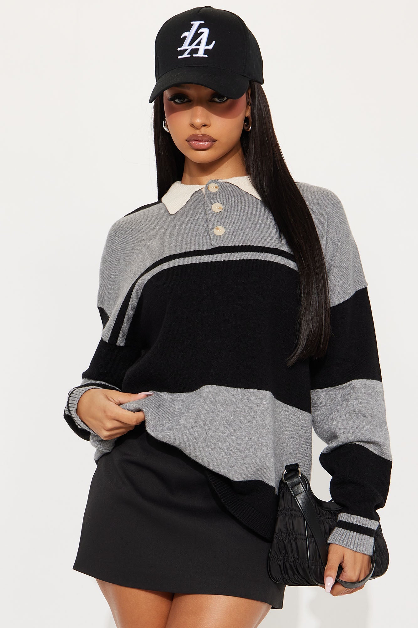 Down The Line Striped Polo Sweater - Black/Grey