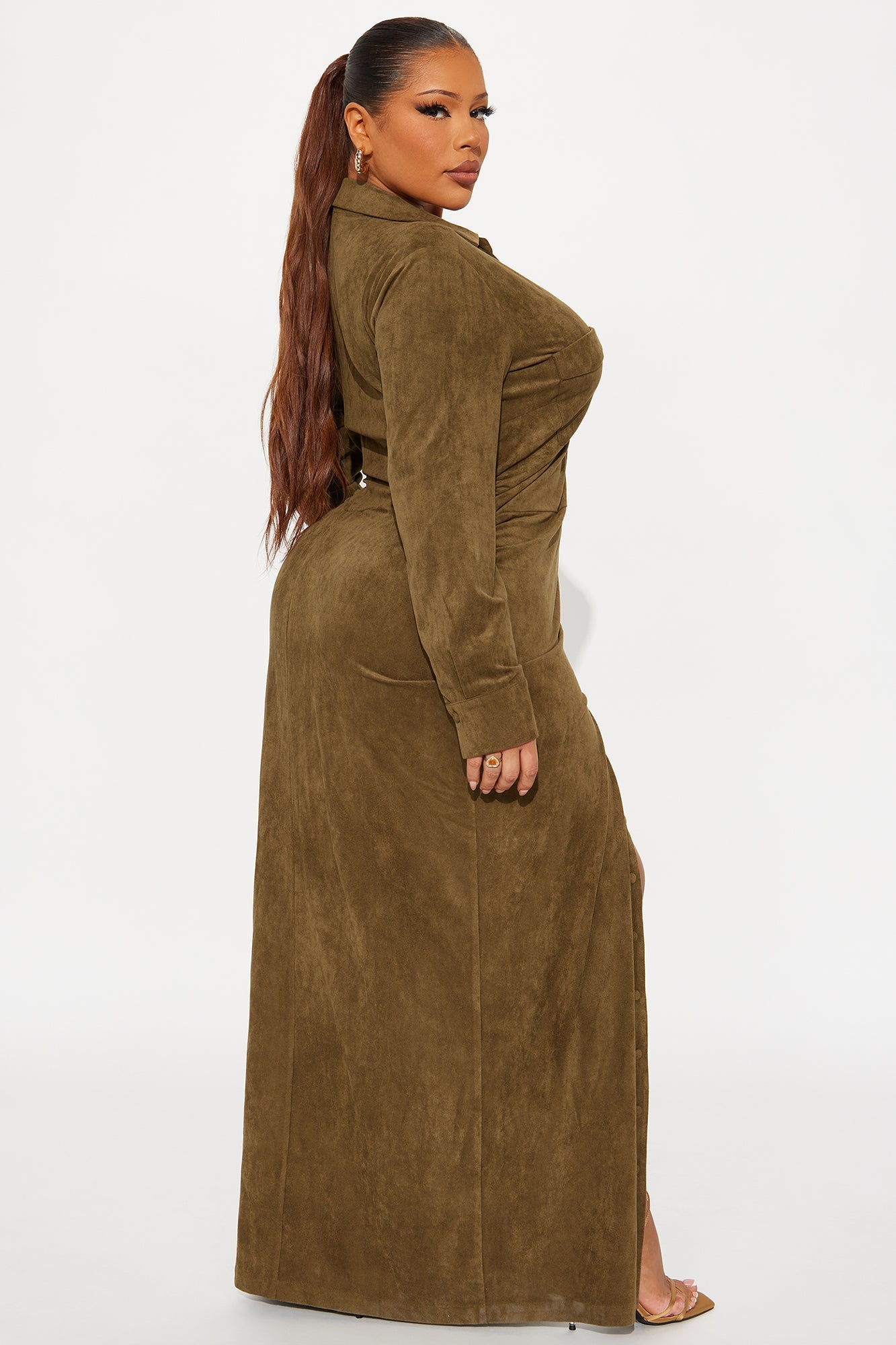Noelle Suede Maxi Shirt Dress - Olive