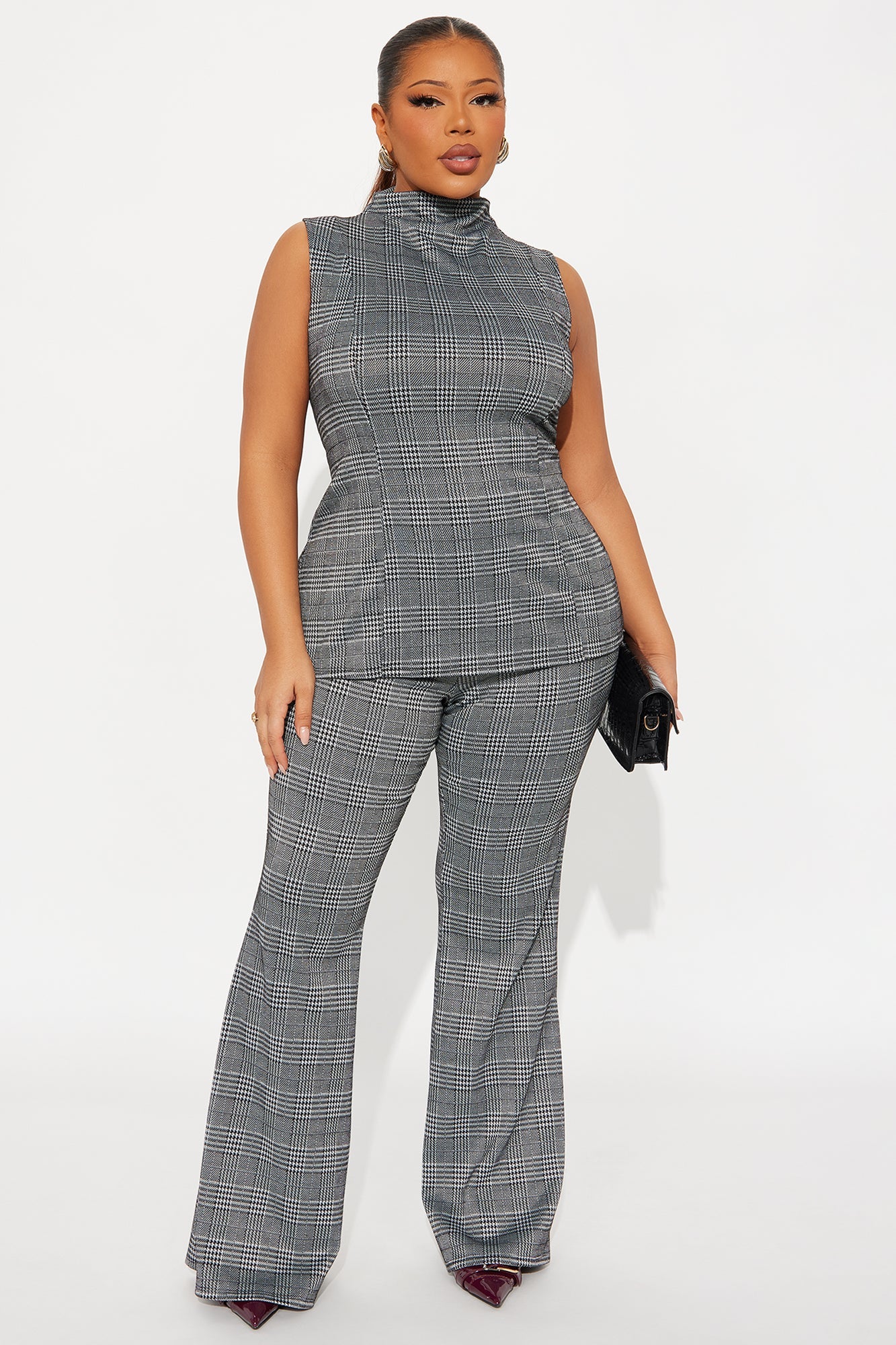 London Plaid Flare Pant Set - Black/combo