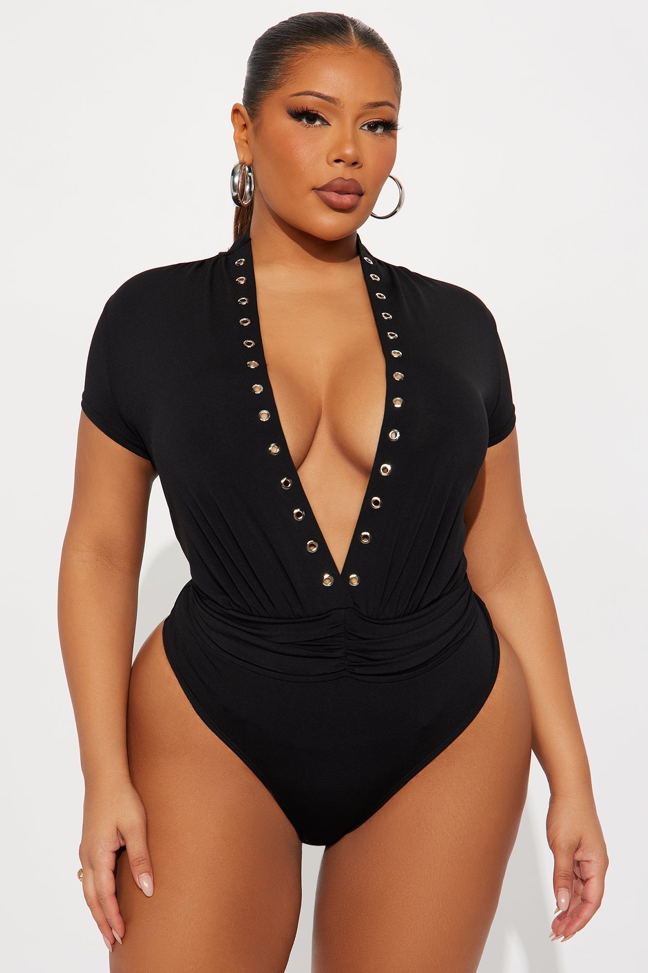 Switcheroo Ruched Short Sleeve Bodysuit - Black