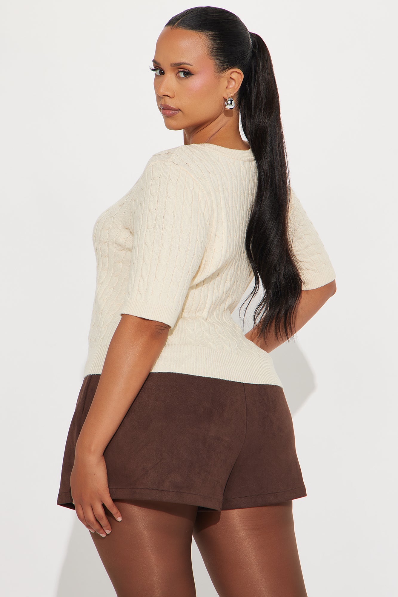 Elowen Short Sleeve Cable Knit Cardigan - Cream