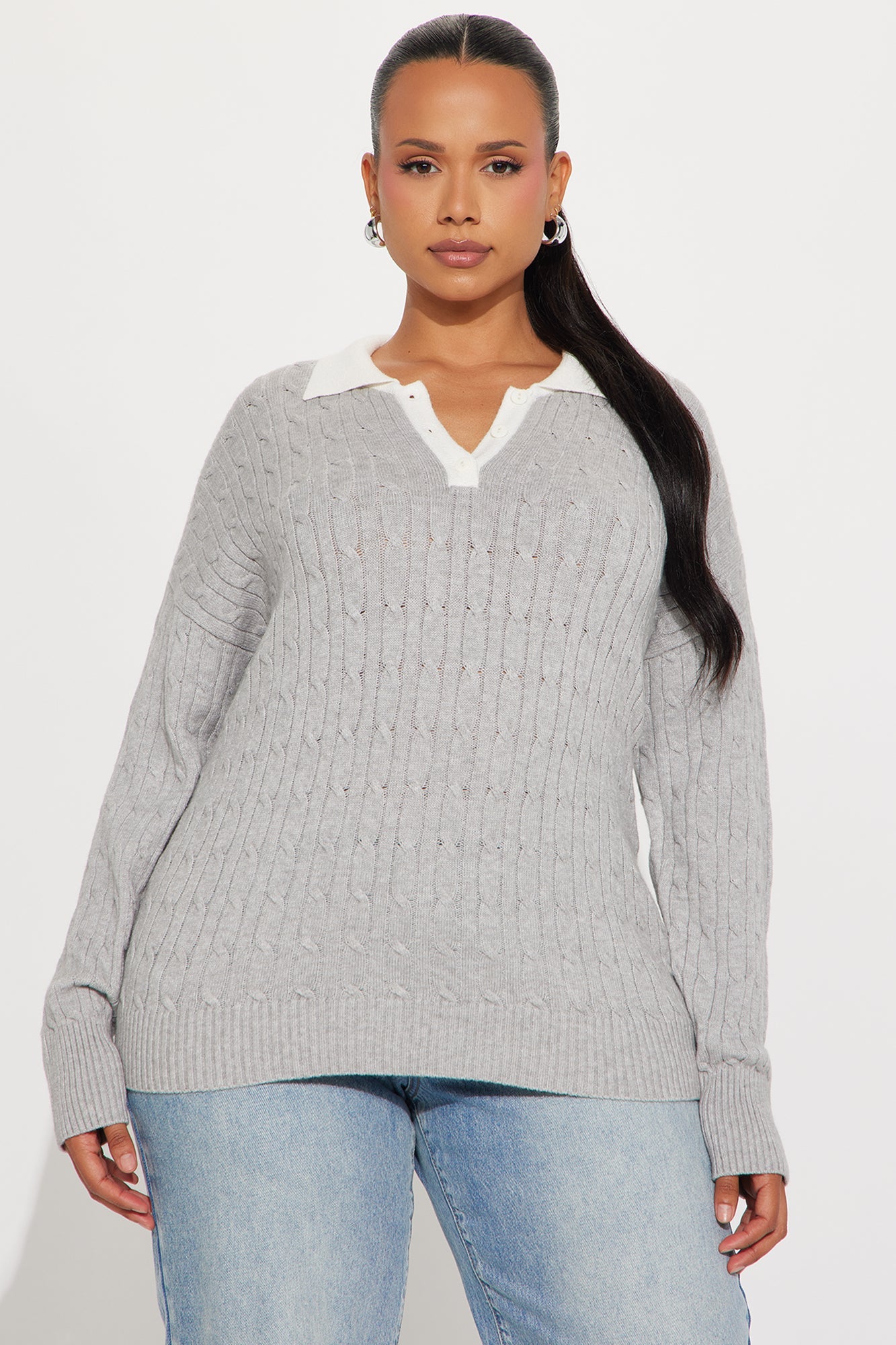 Layla Cable Knit Pullover Polo Sweater - Grey/combo