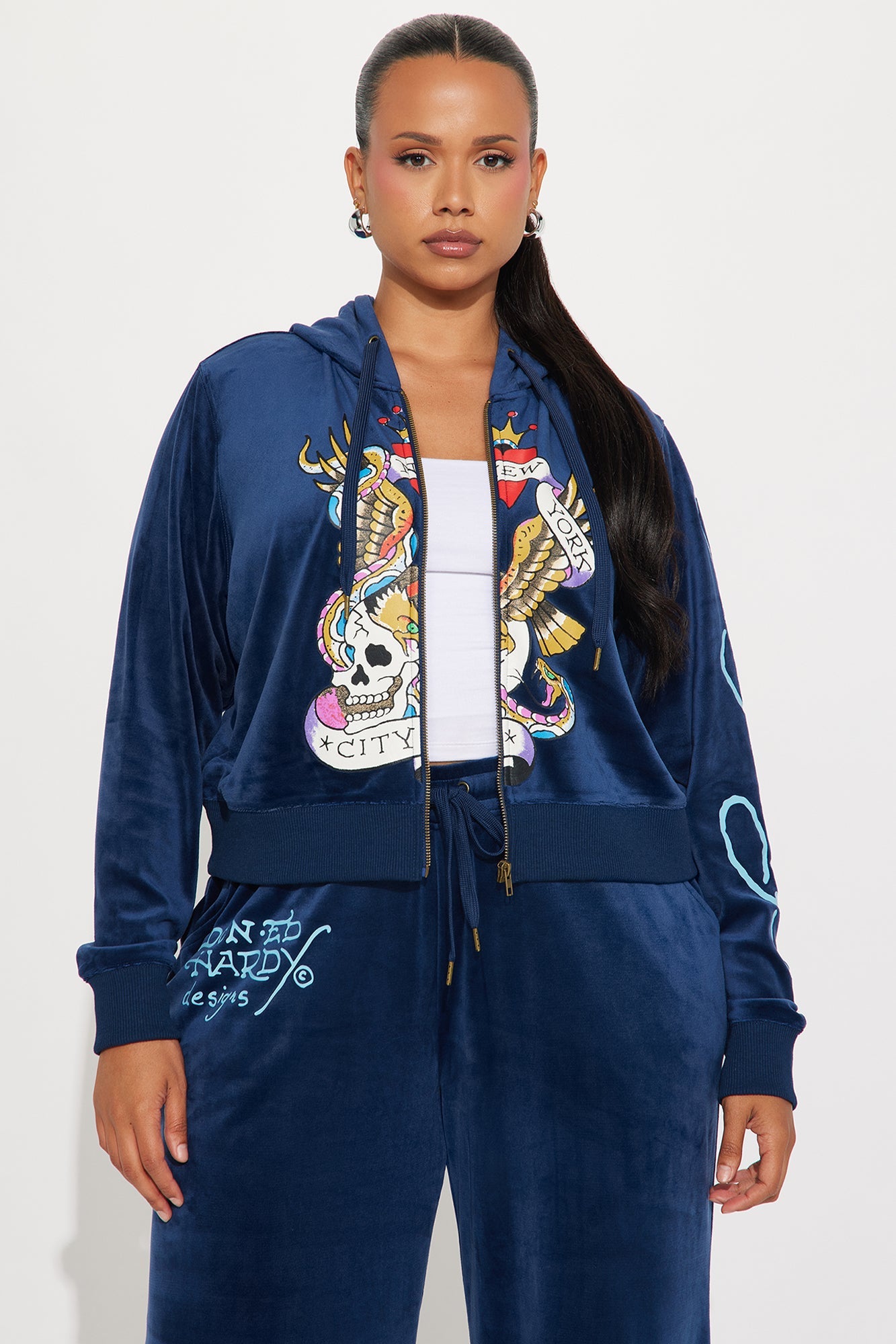 Ed Hardy NY Skull City Velour Pant Set - Navy