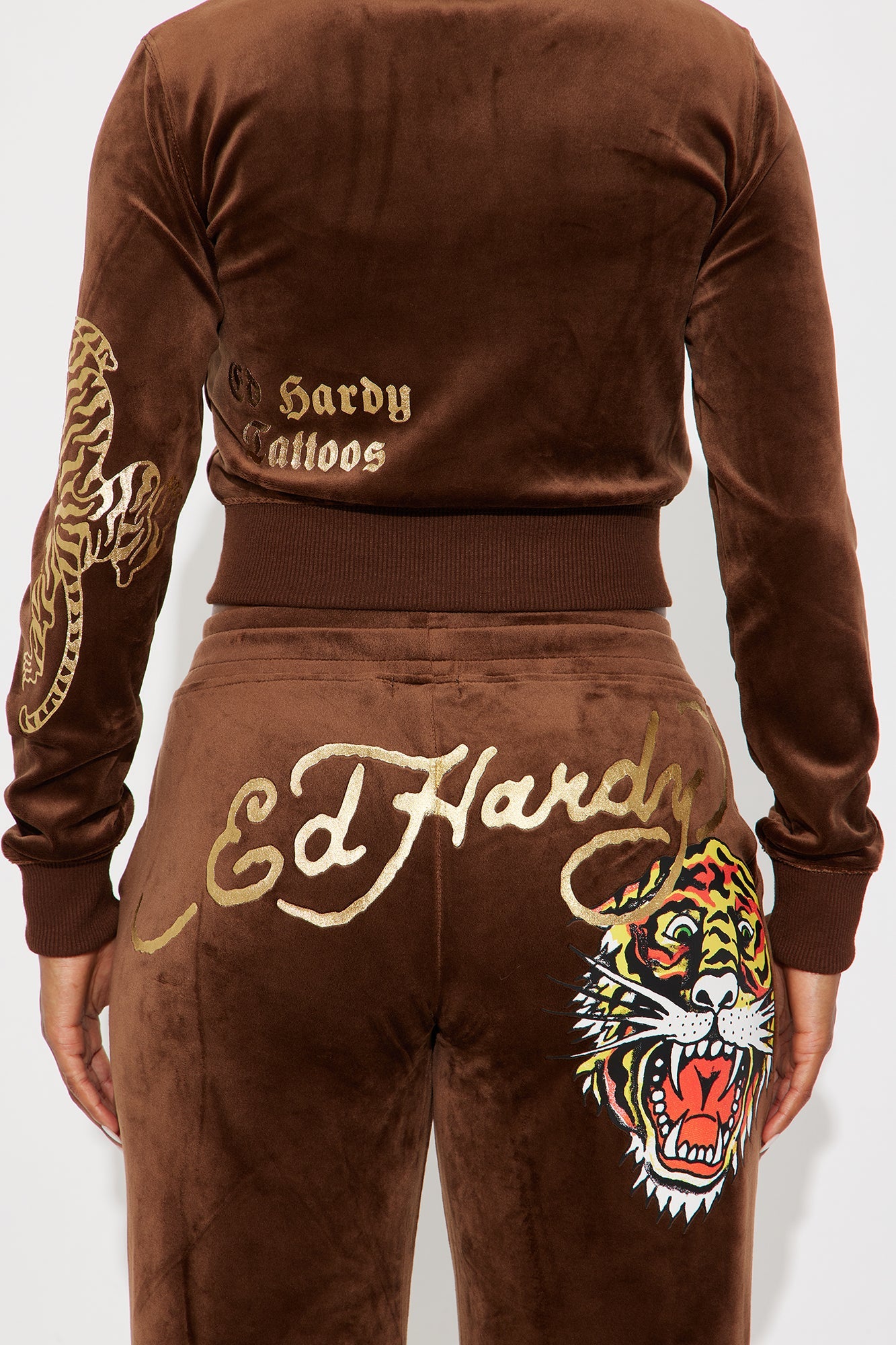 Ed Hardy Tiger Retro Velour Pant Set - Chocolate