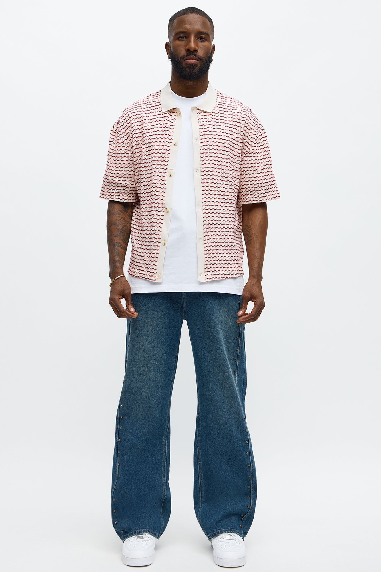 Regular Fit Color Block Button up Sweater Shirt - Cream/combo