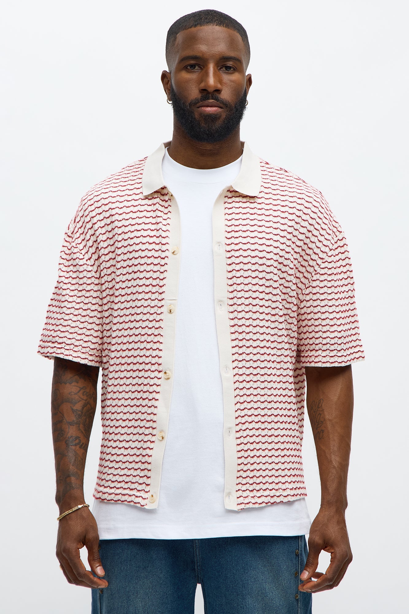 Regular Fit Color Block Button up Sweater Shirt - Cream/combo