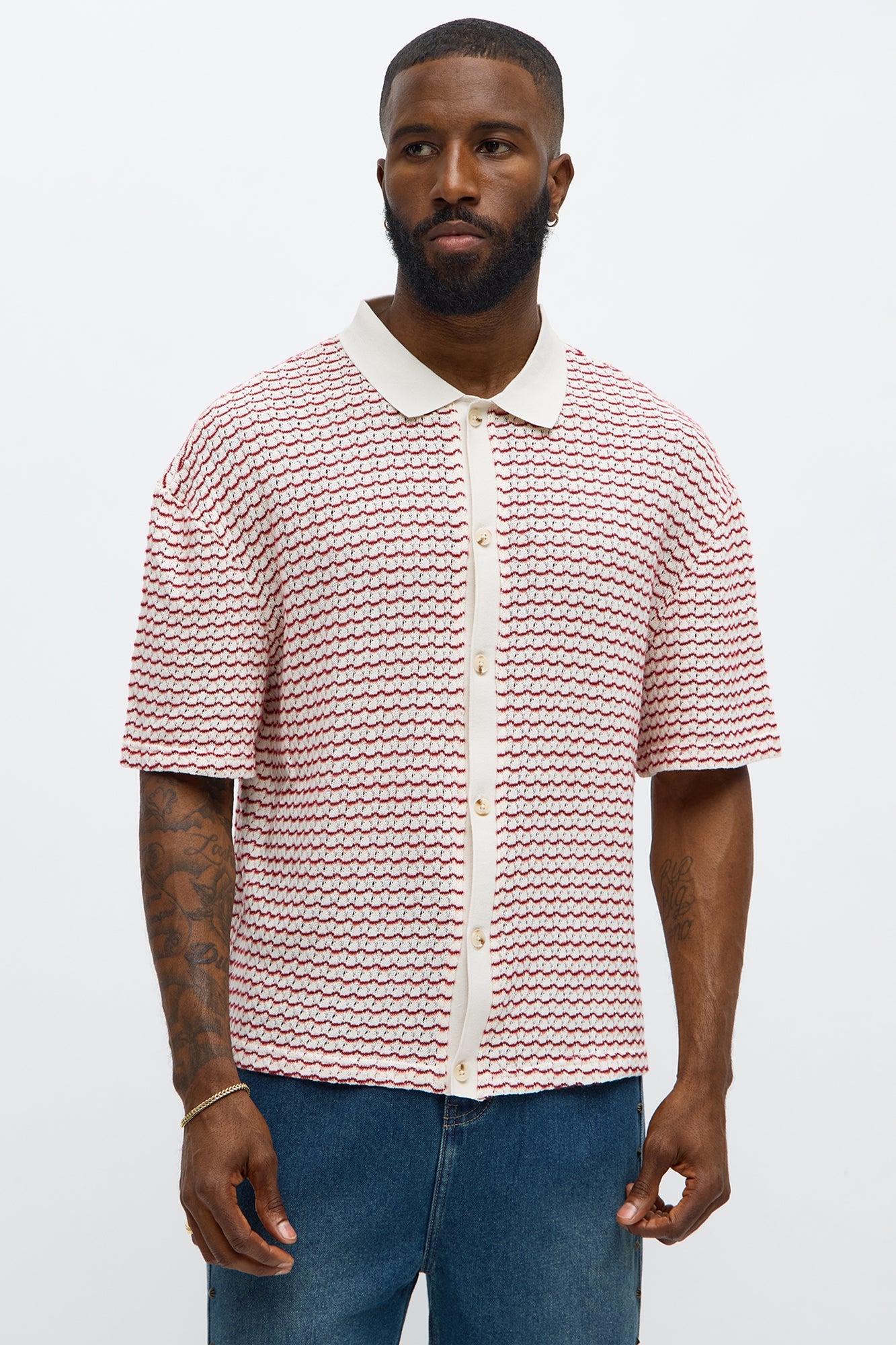 Regular Fit Color Block Button up Sweater Shirt - Cream/combo