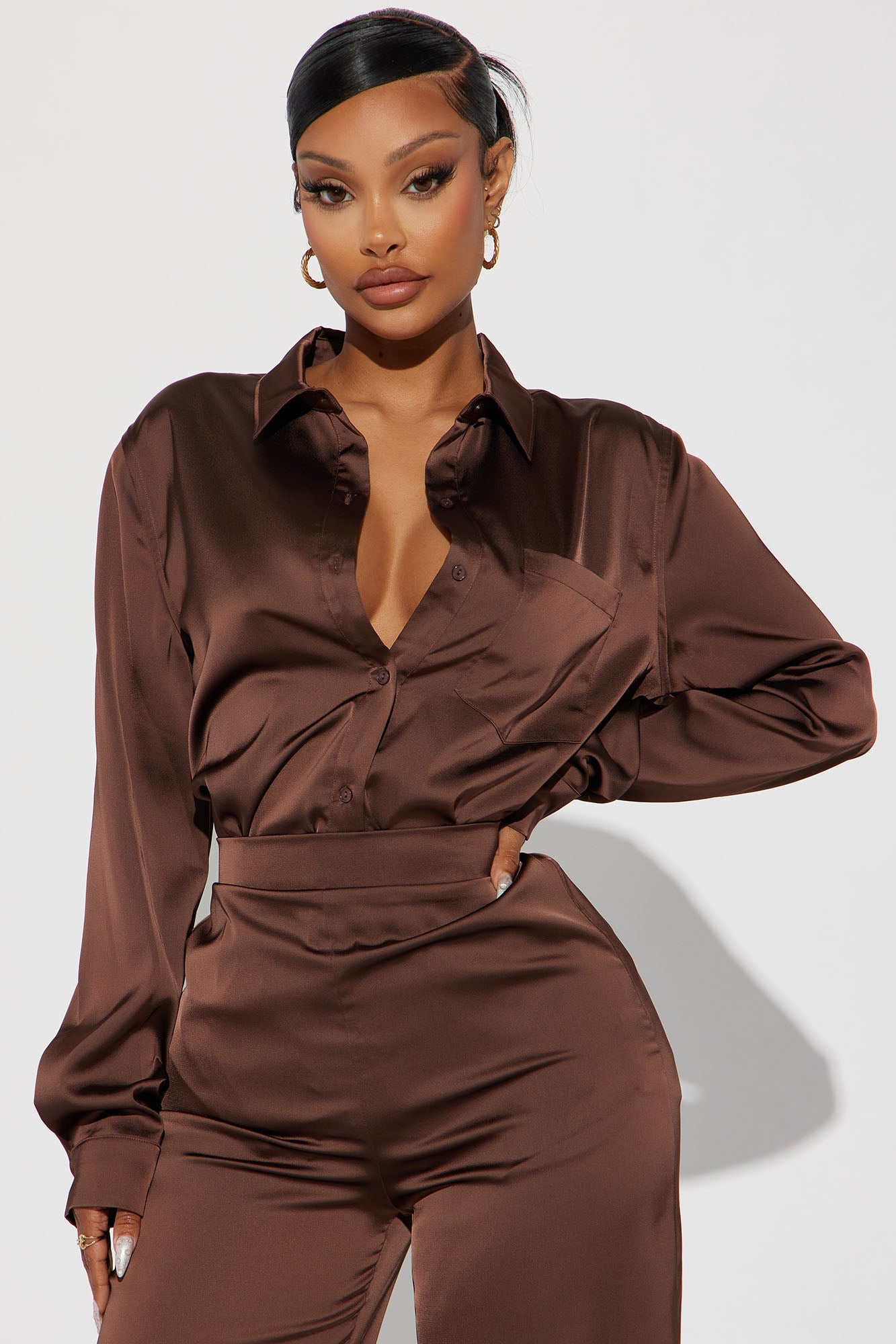 Makenzie Satin Pant Set - Chocolate