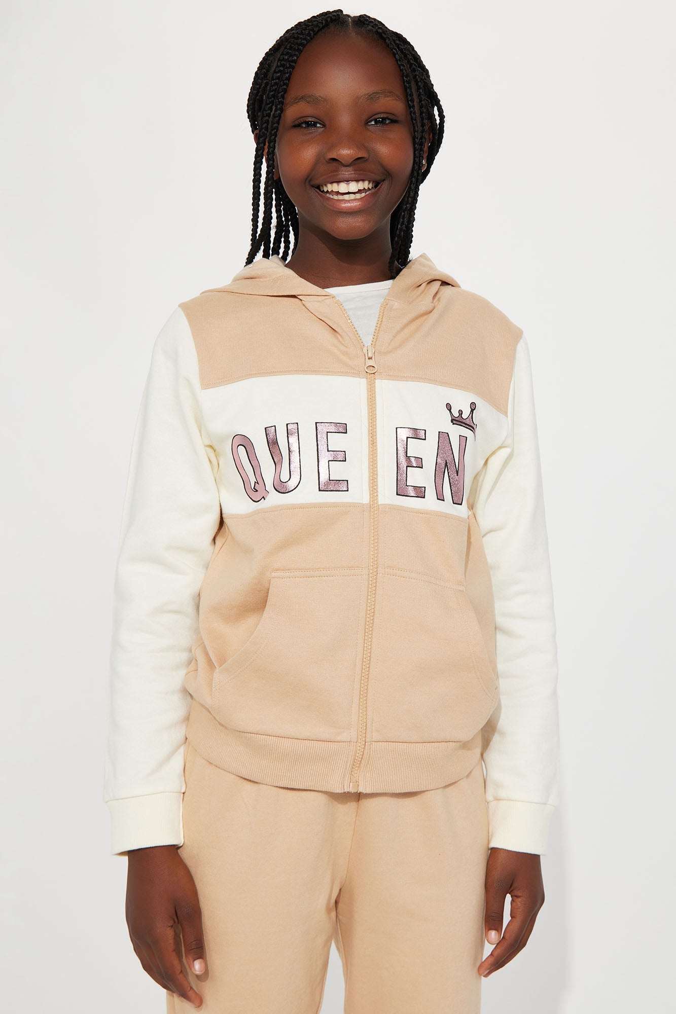 Mini Queen Fleece Jogger Set - Khaki/combo