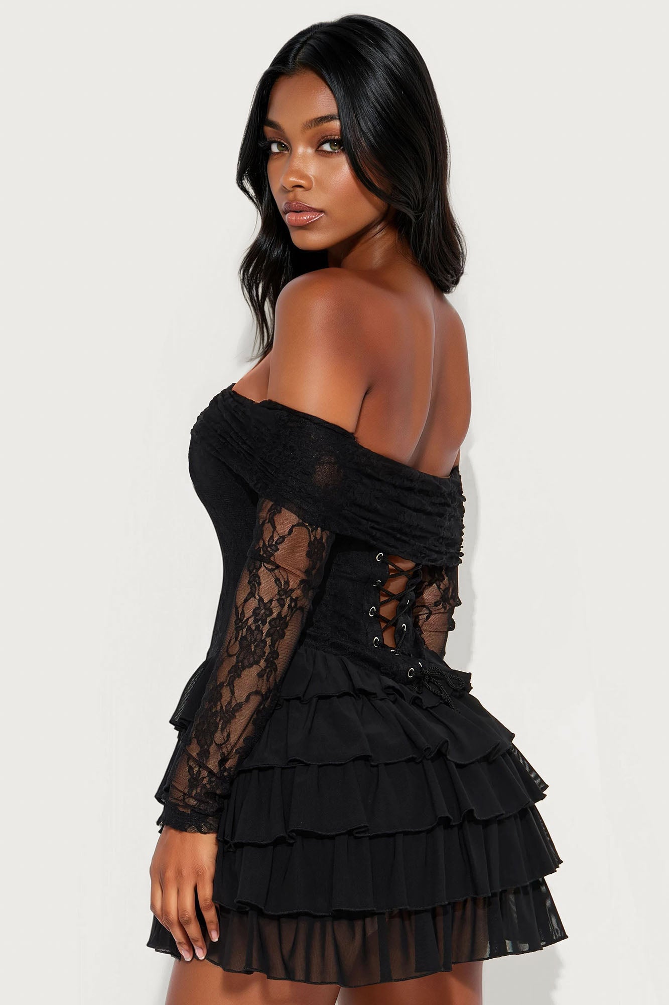 Elsie Ruffle Lace Mini Dress - Black