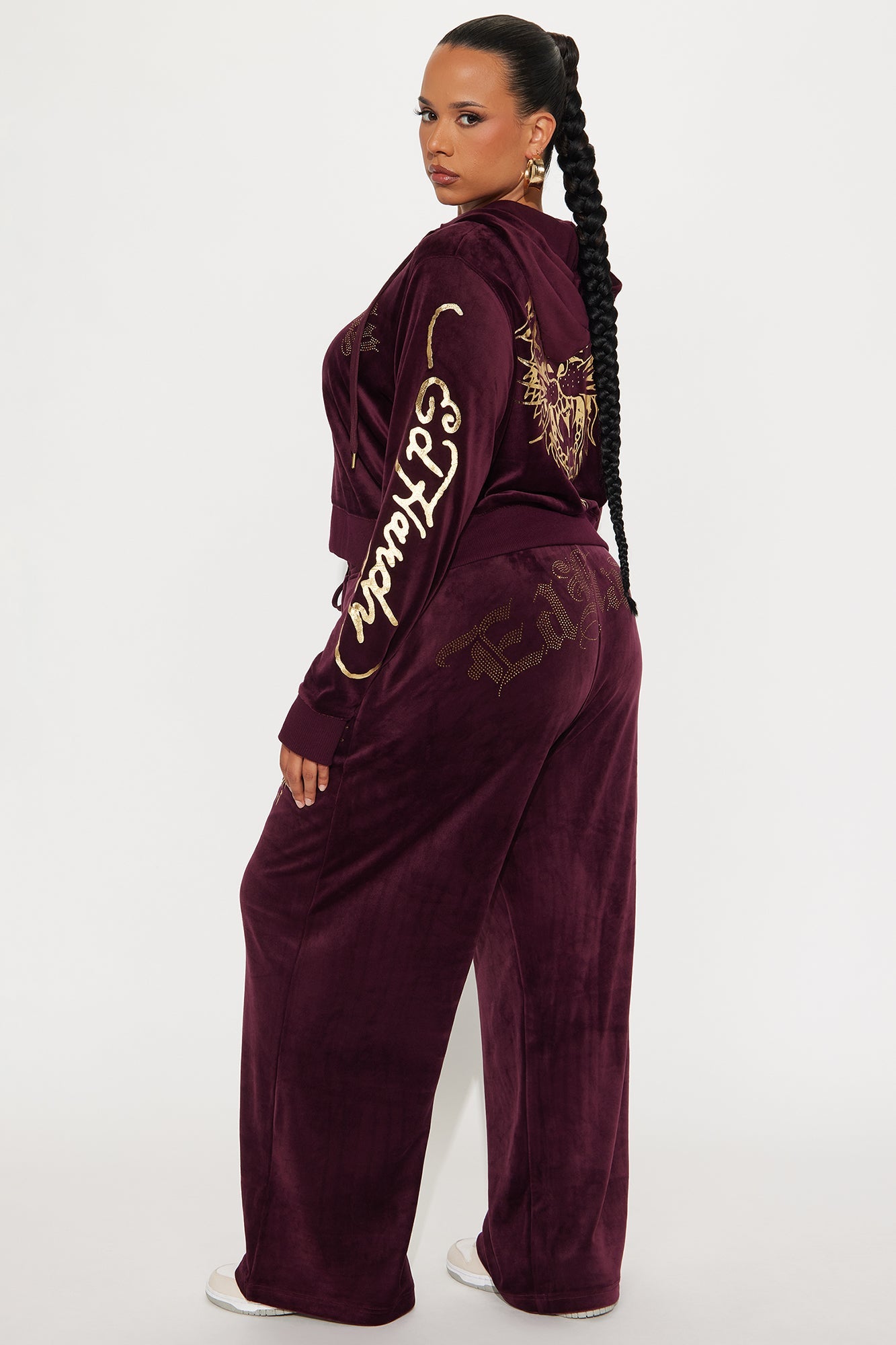Ed Hardy Gold Tiger Velour Pant Set - Burgundy