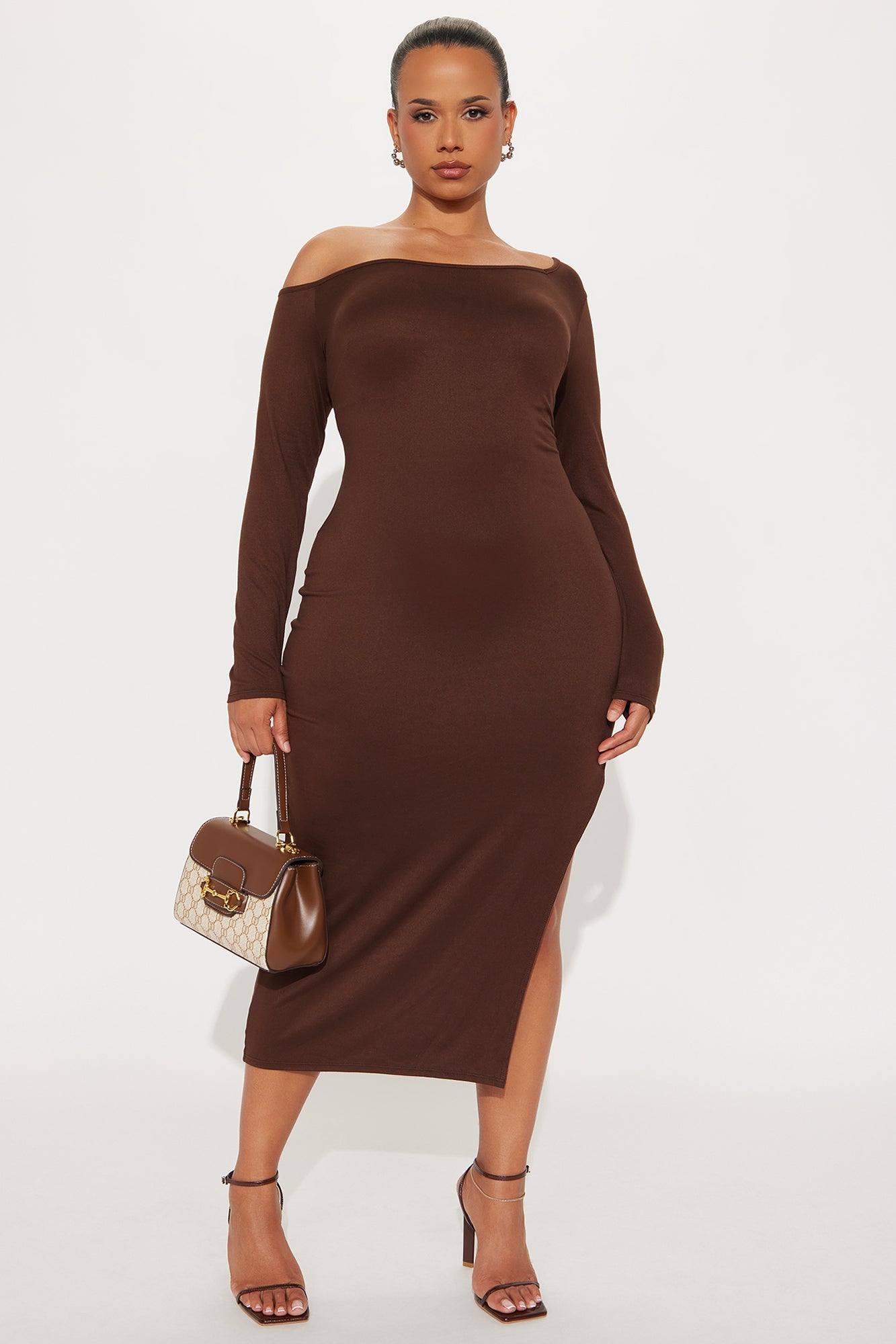 Espresso Please One Shoulder Midi Dress - Brown