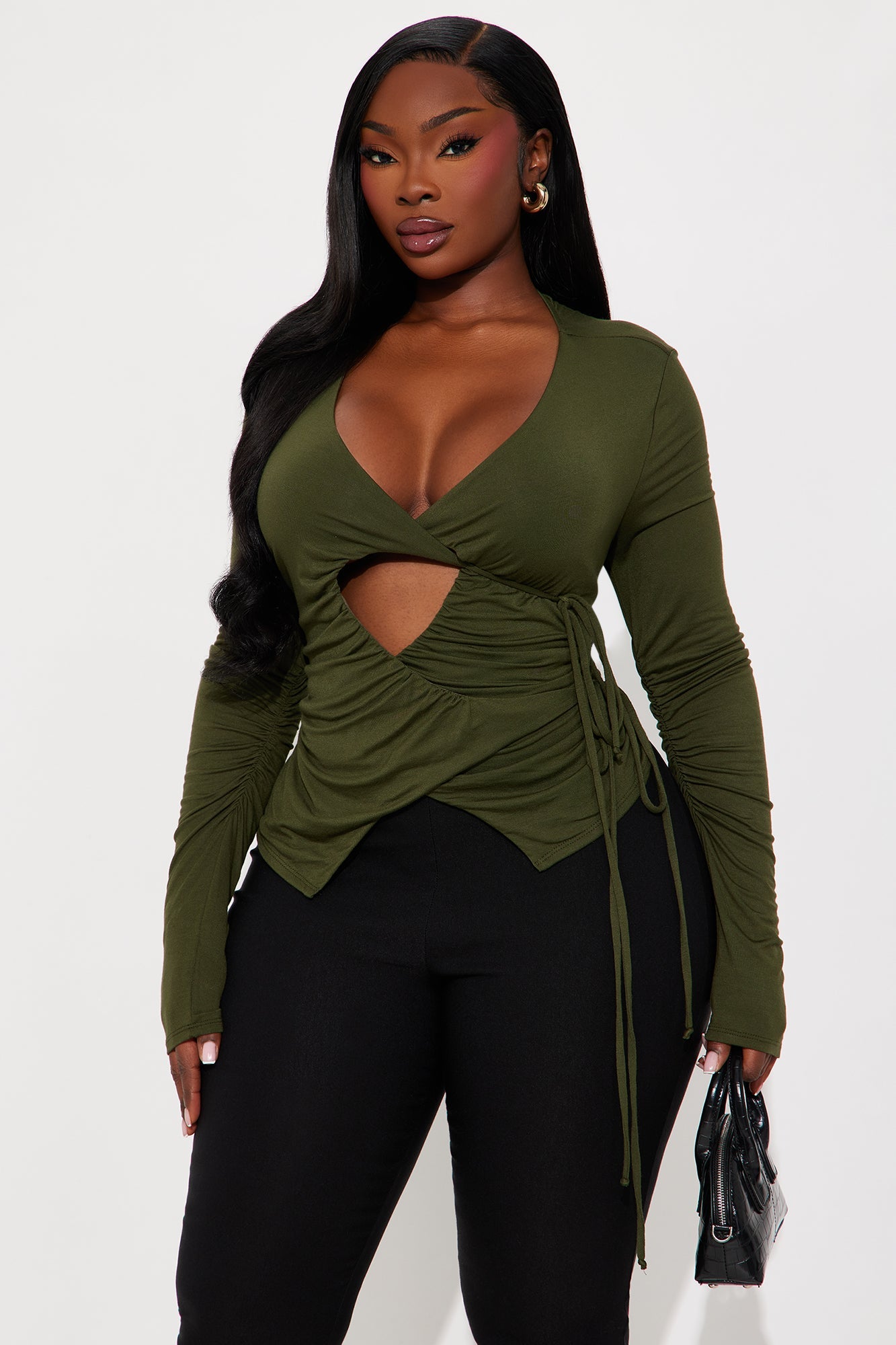 Never Abandoned Ruched Long Sleeve Cut Out Top - Olive