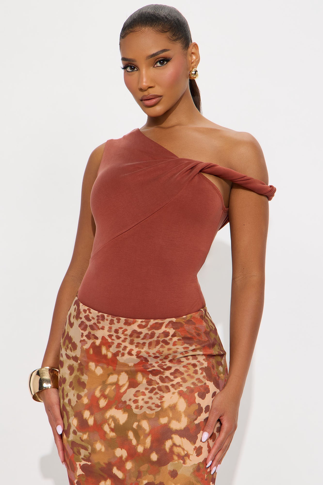 Midnight Views Twist Off Shoulder Bodysuit - Camel