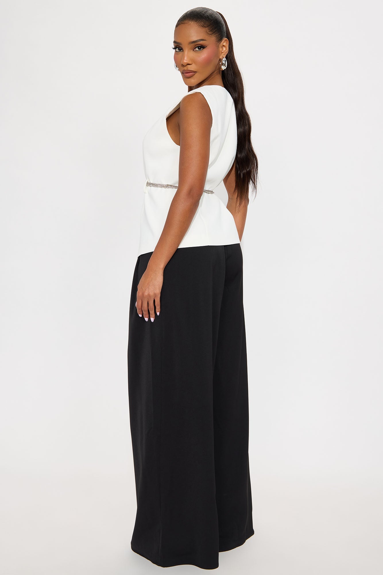 Elise Belted Vest 3 Piece Pant Set - Black/White