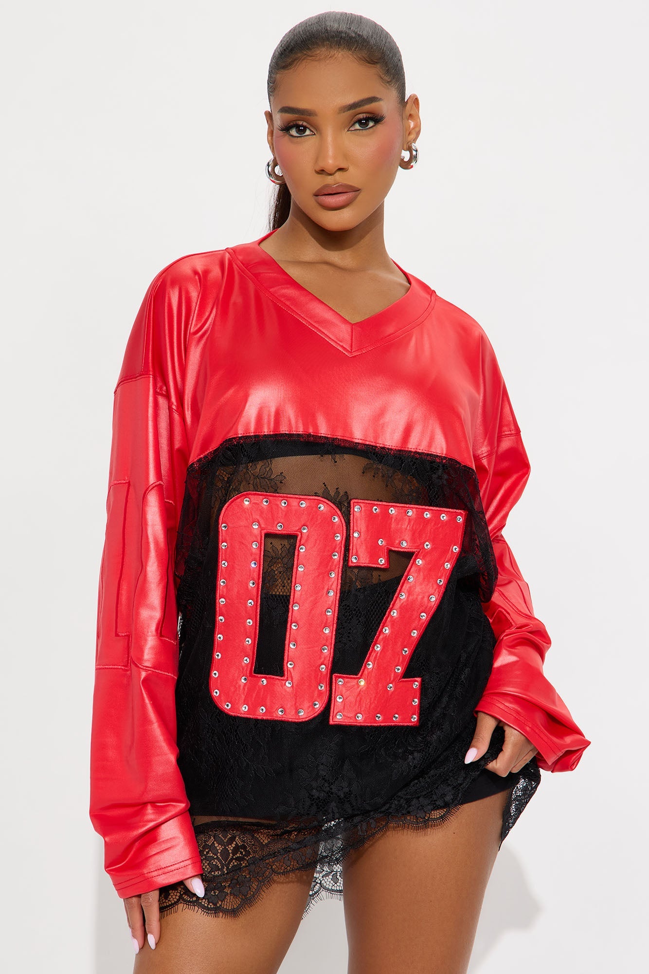 Best Of The Best Rhinestone Lace Jersey Top - Red