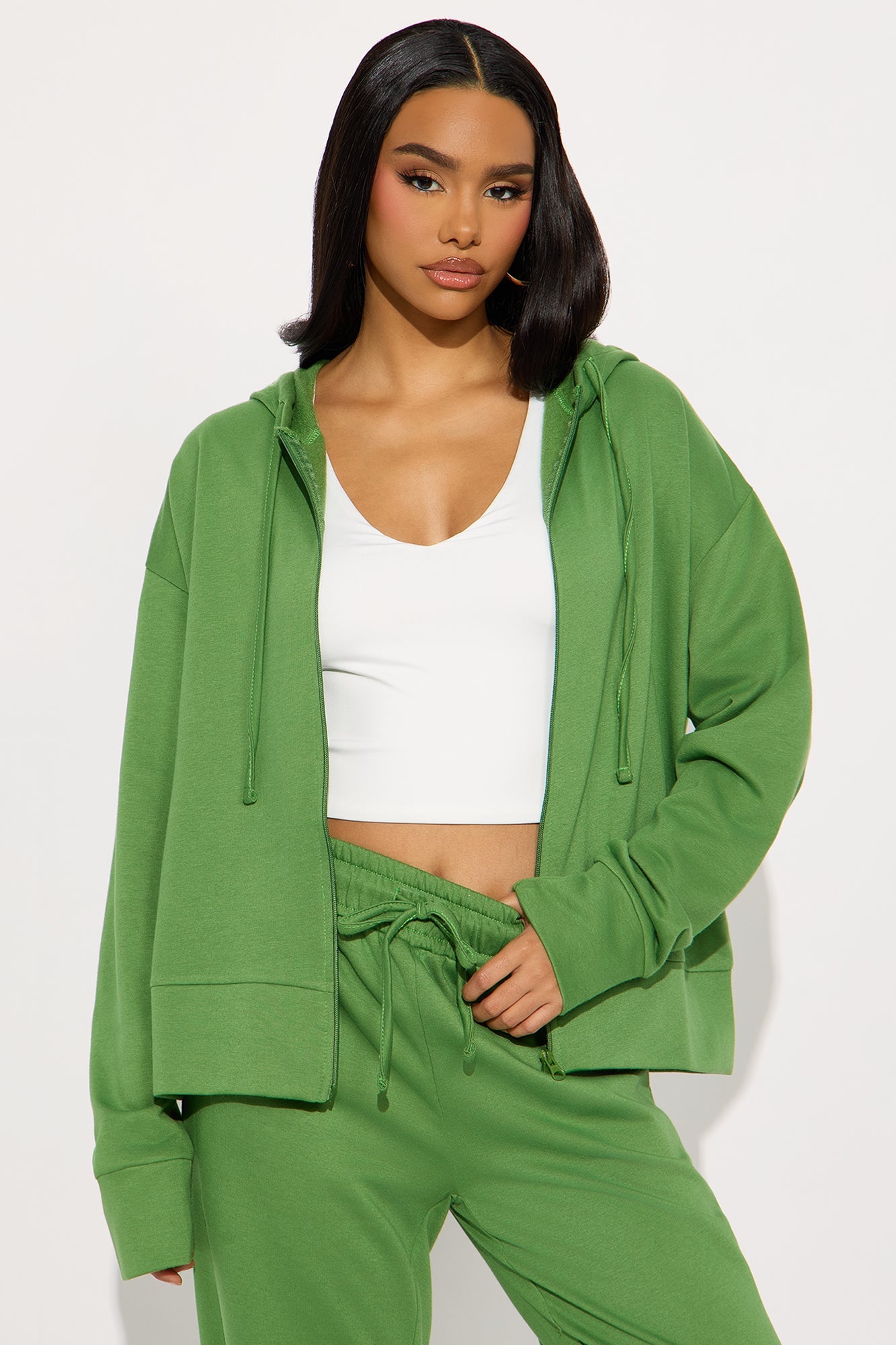 Brooke Oversized Zip Up Fleece Pant Set - Sage