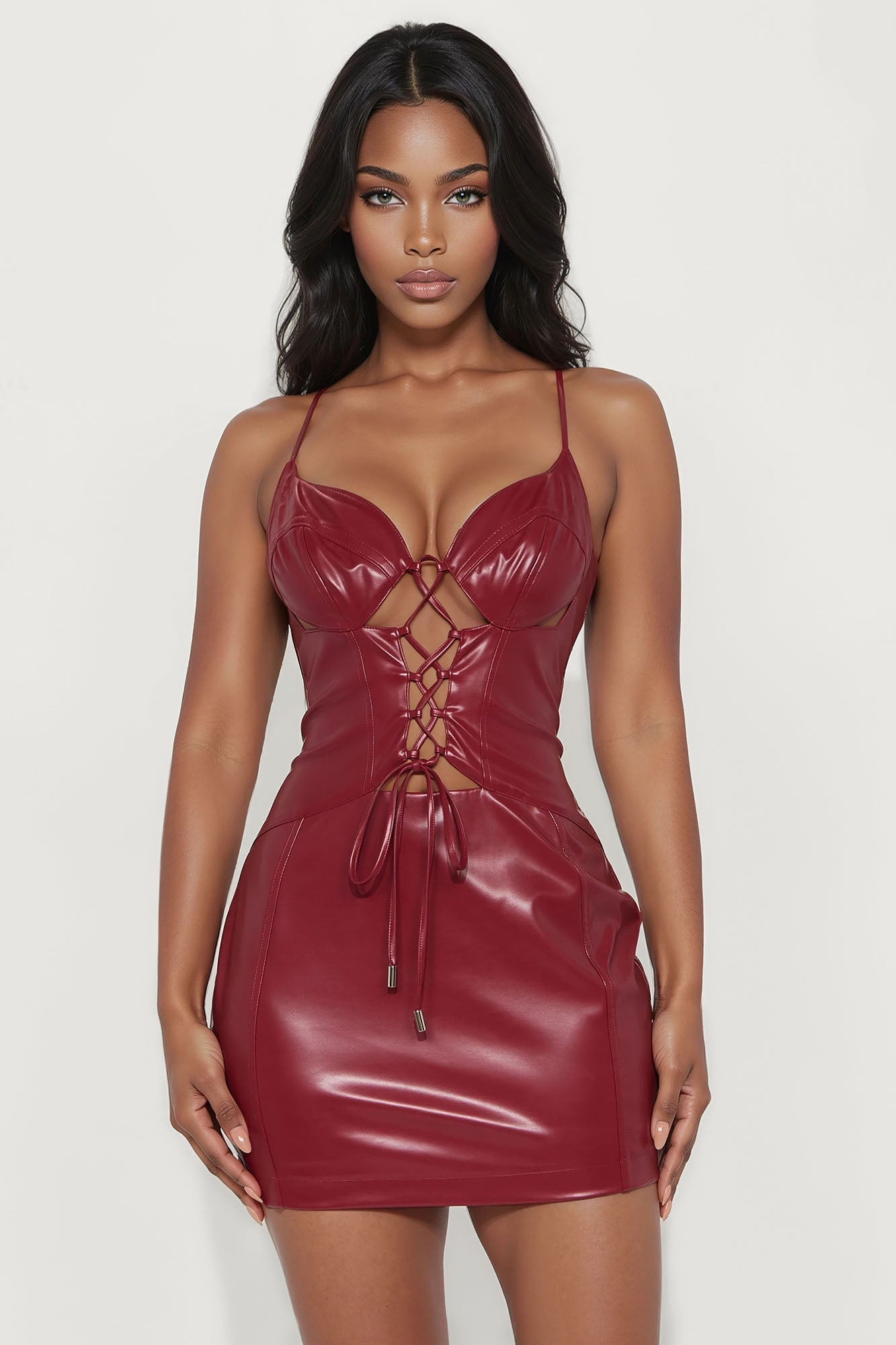 Tied Up Tonight Faux Leather Mini Dress - Burgundy
