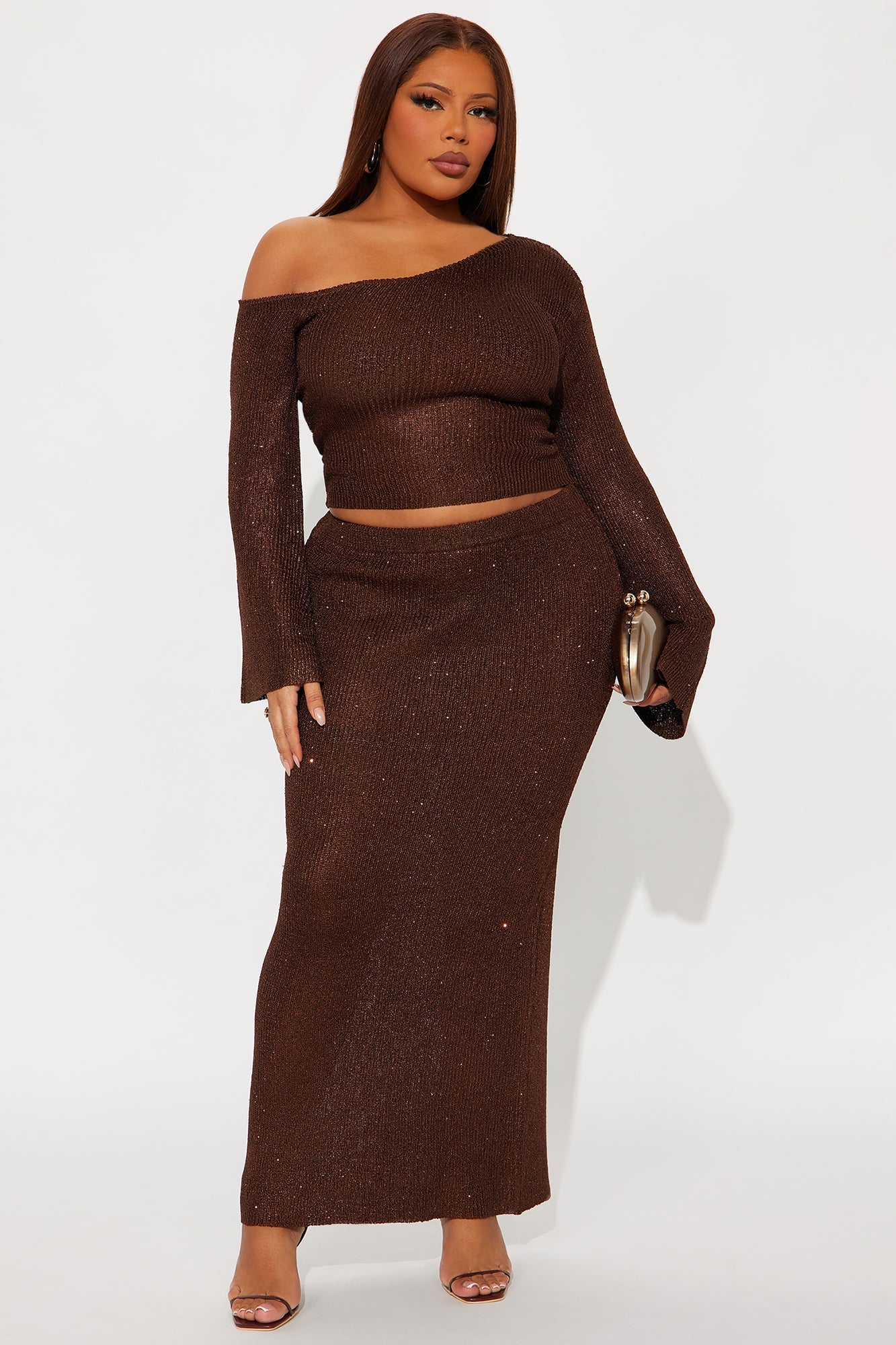 Layered In Love Embellished Sweater Maxi Skirt Set - Chocolate