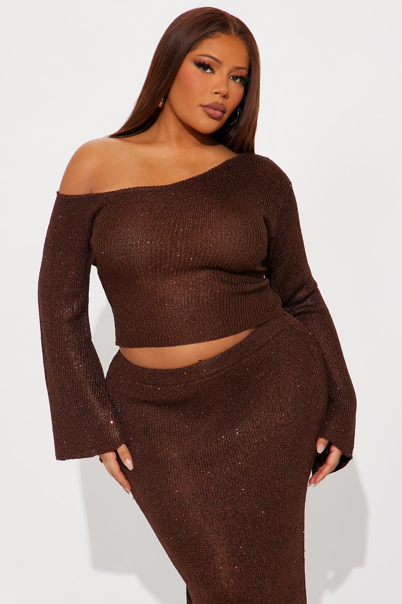 Layered In Love Embellished Sweater Maxi Skirt Set - Chocolate