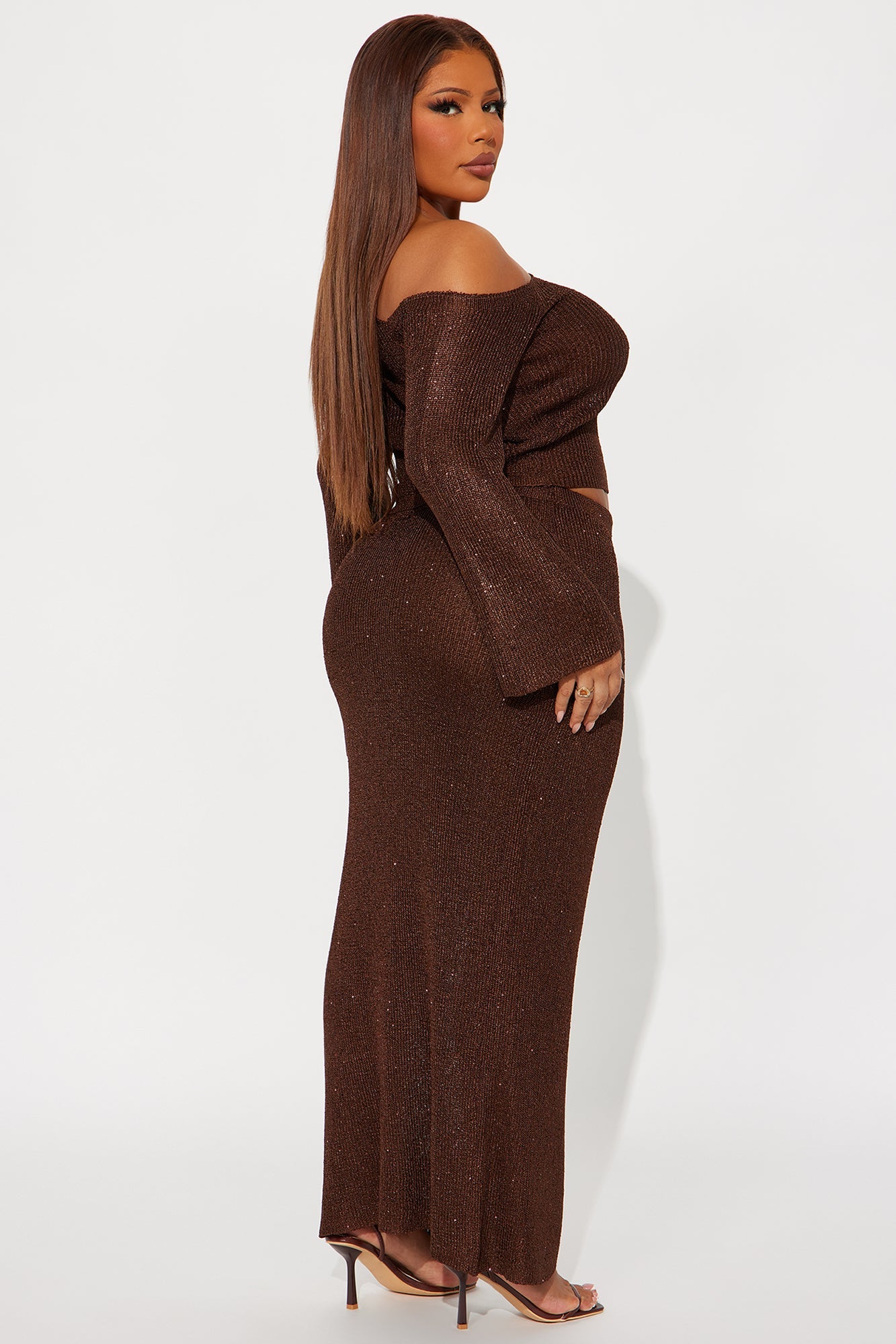 Layered In Love Embellished Sweater Maxi Skirt Set - Chocolate